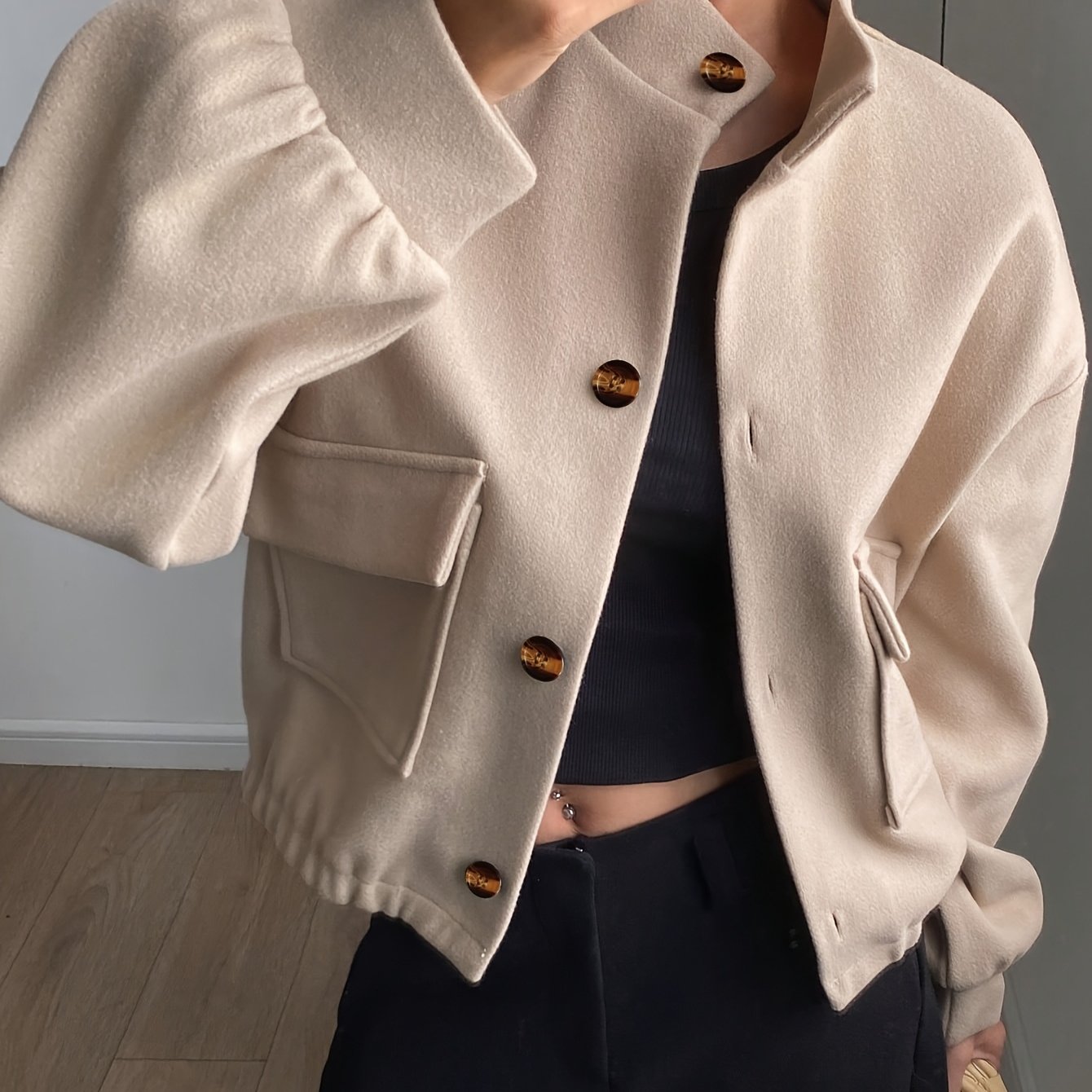 TEMU Women's Stand-collar Pocket Solid Color Short Jacket, Suitable For Autumn And Winter Outerwear