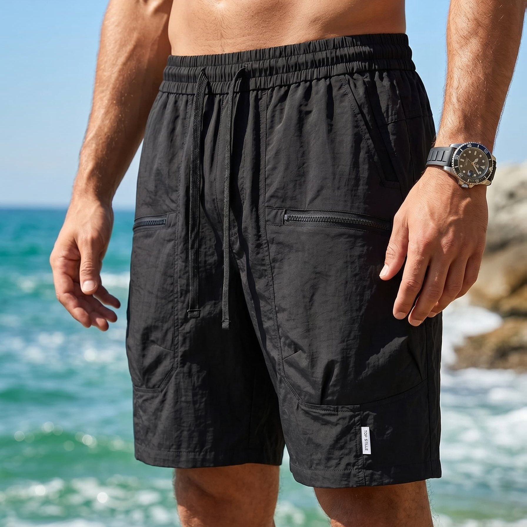 TEMU Men's Lightweight Nylon Cargo Shorts With Contrast Zipper Pockets & Elastic Drawstring Waist - Loose Fit Urban Techwear Shorts Suitable For