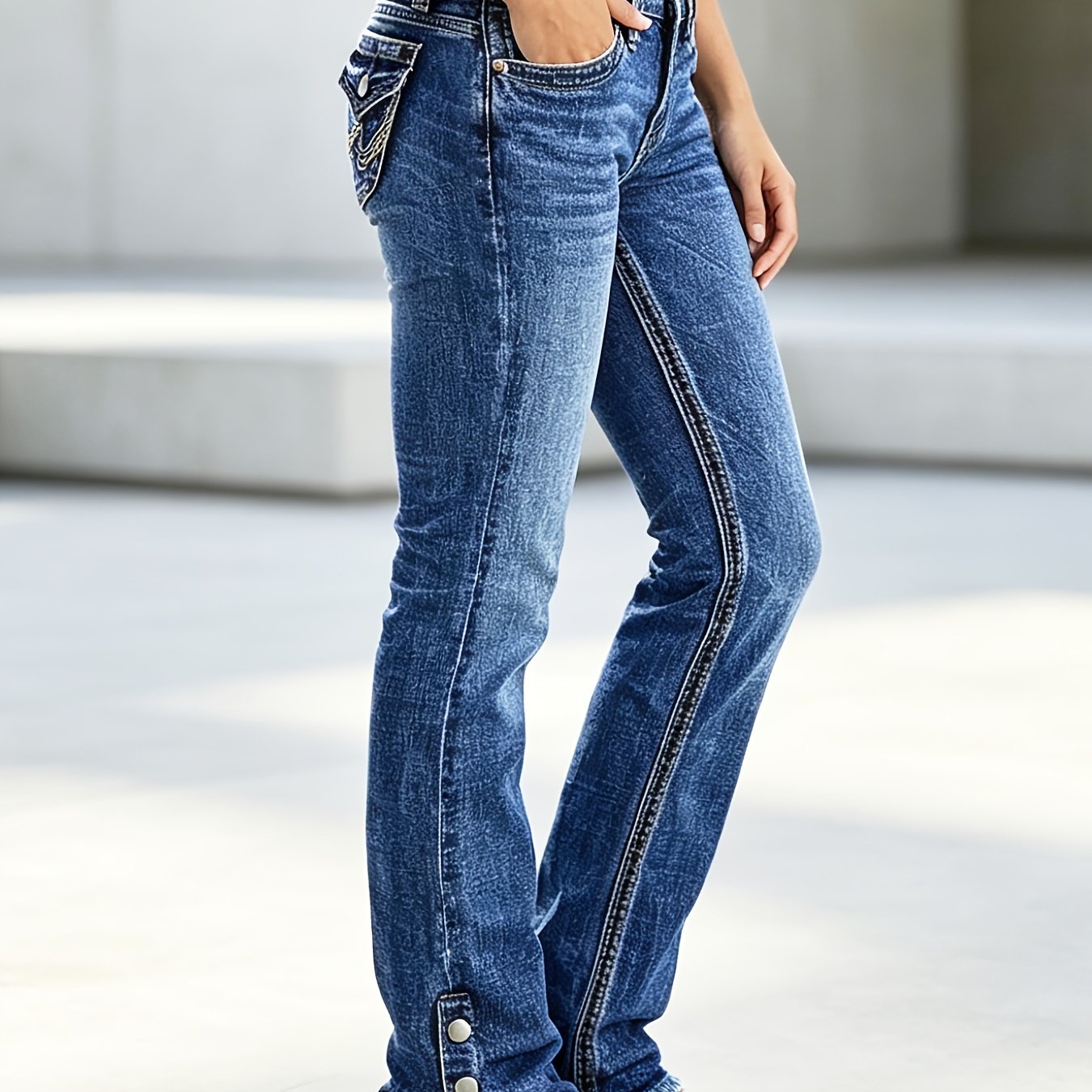 TEMU Women's Retro High-waisted Bell-bottom Jeans With Frayed Hem & Button-slit Waist Pocket - Stretch Suitable For Travel, Music Festivals, Date