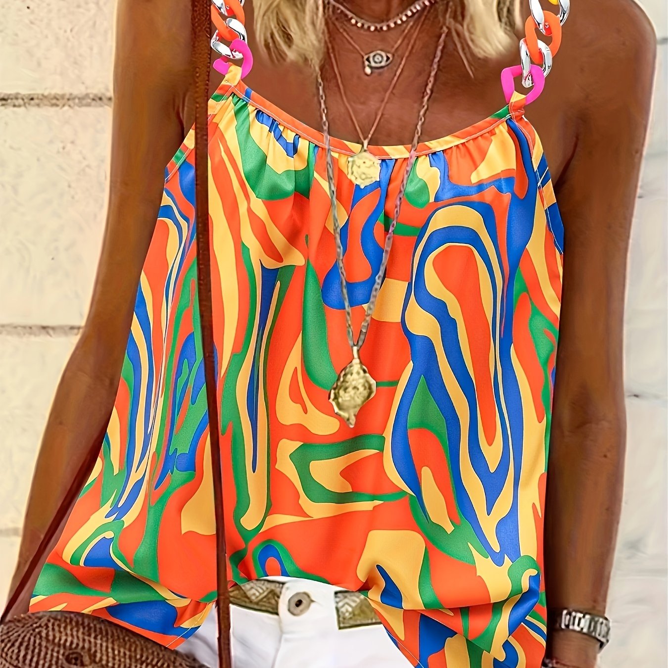 Image of Fluorescent Plastic Strap Printed Tank Top