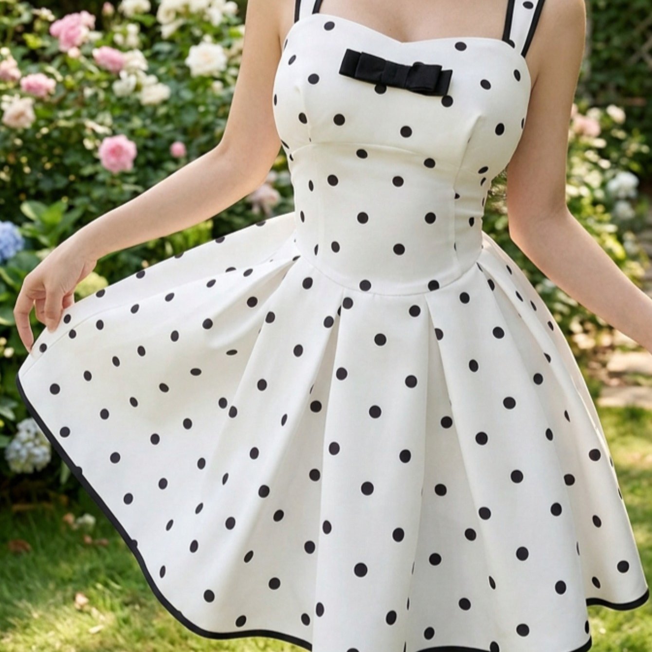 Image of Polka Dot Strappy Waist-cinching Short Dress | -and-white Polka Dots With Bowknot Decorations, Fully Showcasing A Vintage And , American- Charm, Suitable For Dates, Going Out, And Casual Gatherings