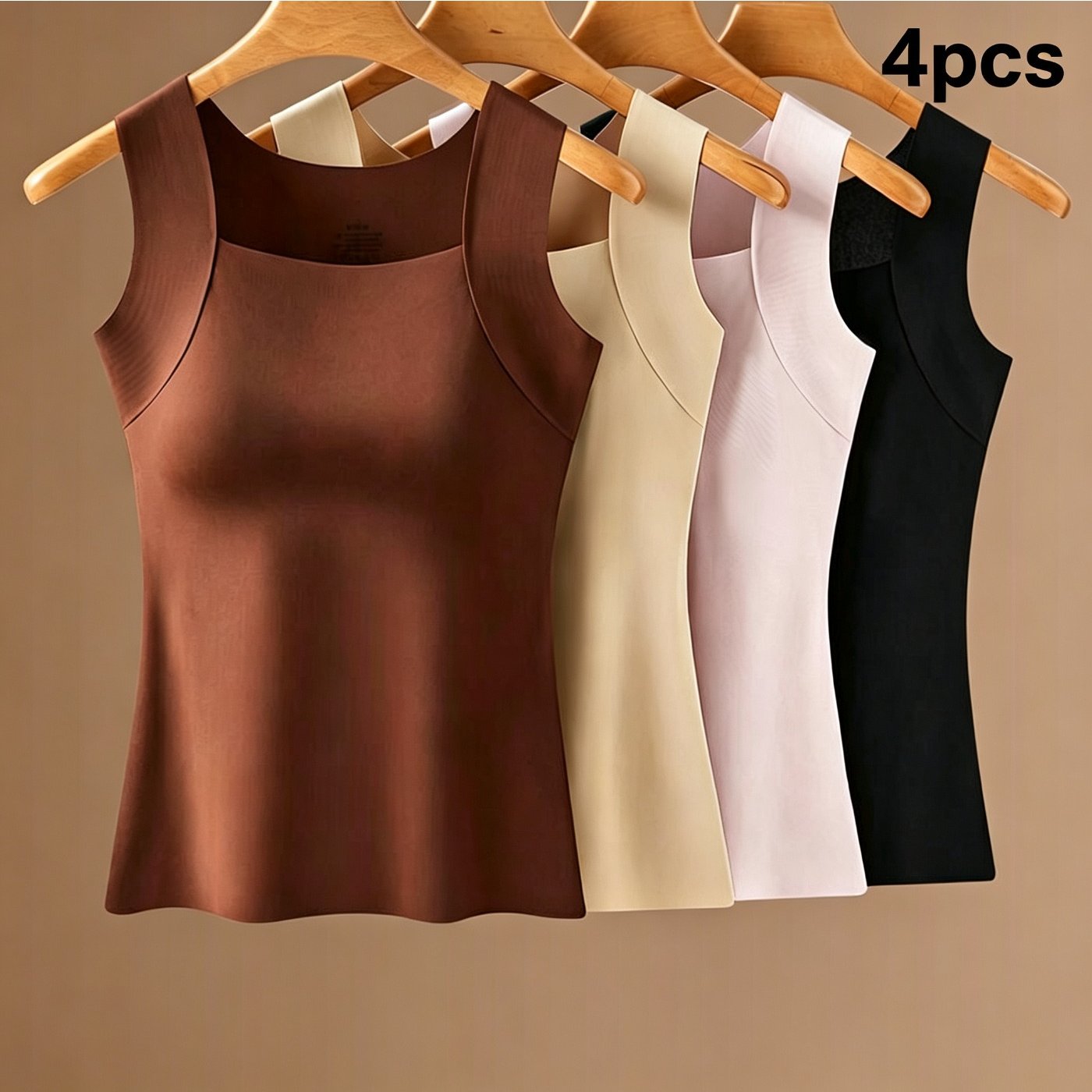TEMU 4pcs Women Seamless Square Neck Tank Tops With Built-in Bra, Wide Strap Padded Camisole, Slim Fit Sleeveless Layering Shirts, Hide Underarm Fat