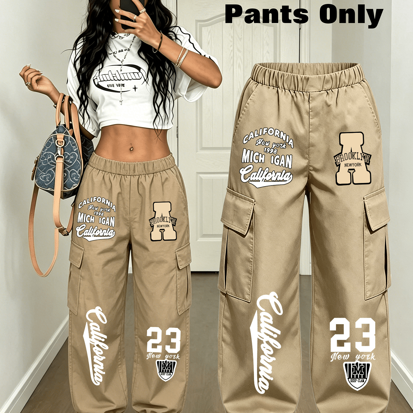TEMU Plus Size, Plus-size Women's Oversized American California-style Letter And Number Print Cargo Pants, Multi- Pants, Vintage -style Loose-fit