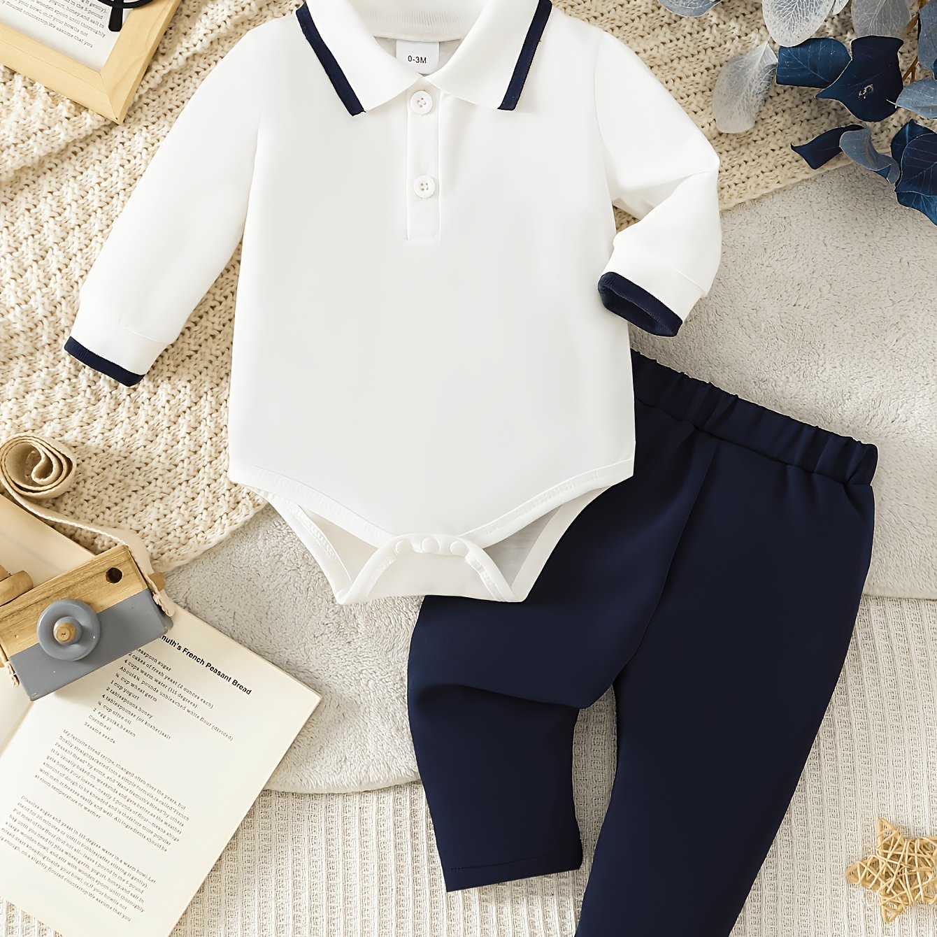 Fashionable Baby Boy's Collared Long-sleeved Romper + Comfortable Long Pants Two-piece Set, For Outdoor