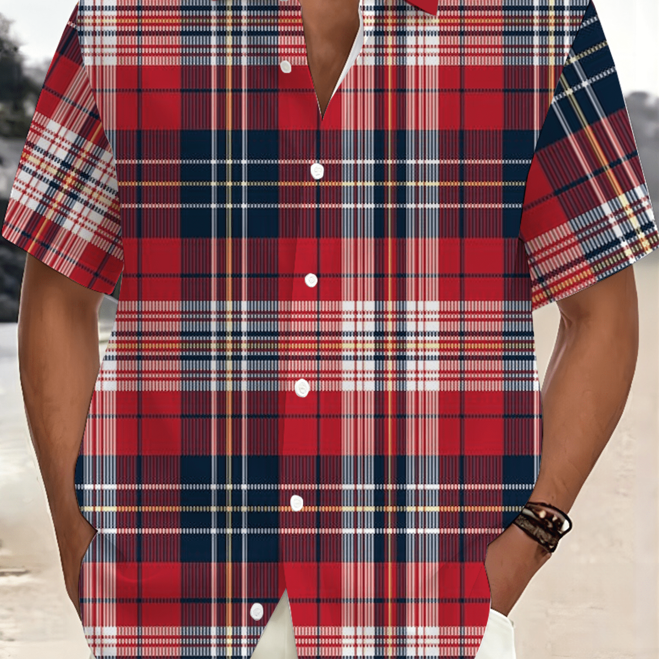 TEMU Plus-size Men's Casual Short-sleeve Shirt With Striped And Plaid Element Pattern Print, Suitable For Beach Leisure And Vacations, Street And