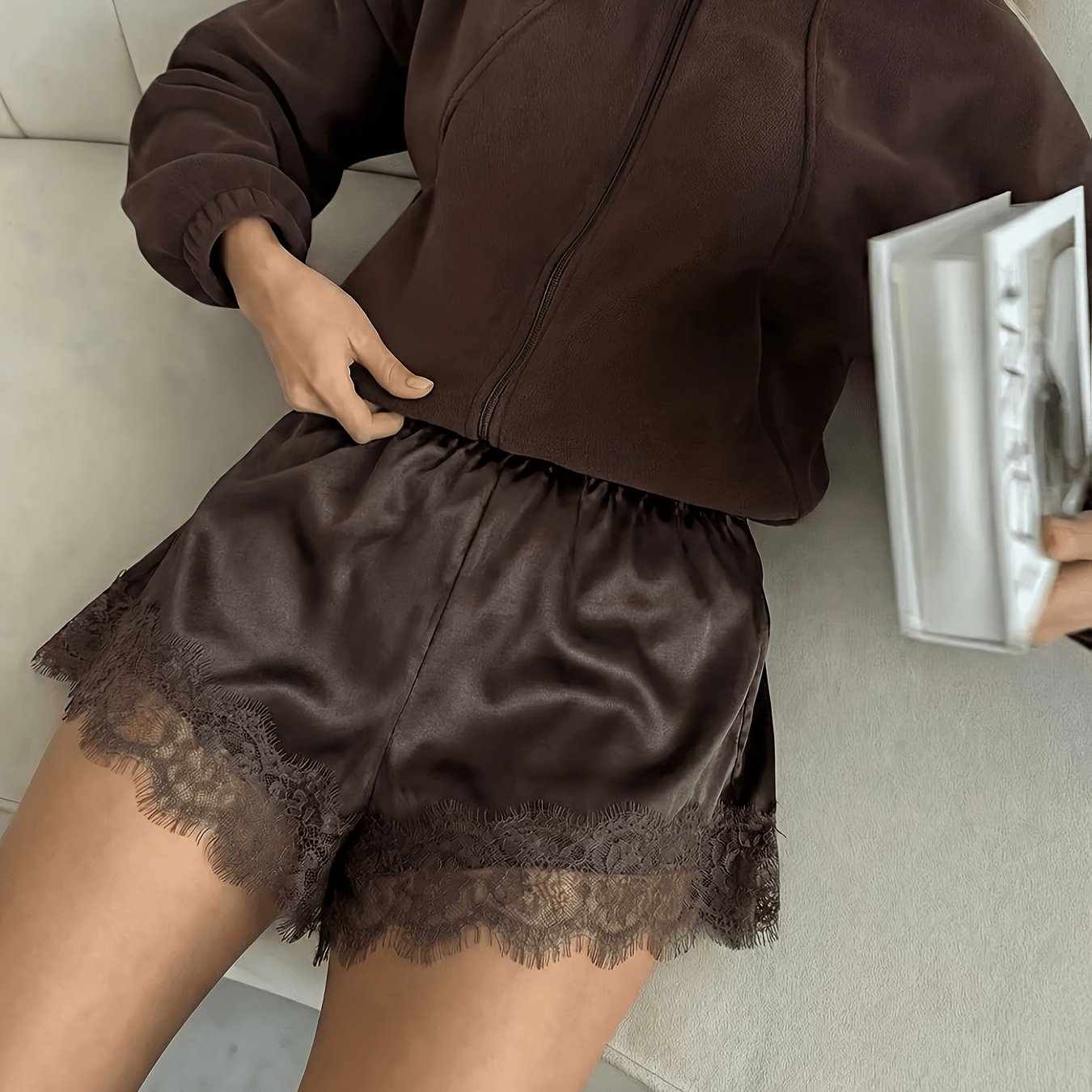 TEMU Light Luxury Premium Elastic Waist Satin Women's Shorts, Lace Design Mini Shorts, Suitable For Daily Wear, Sexy And Versatile Style, Comfortable