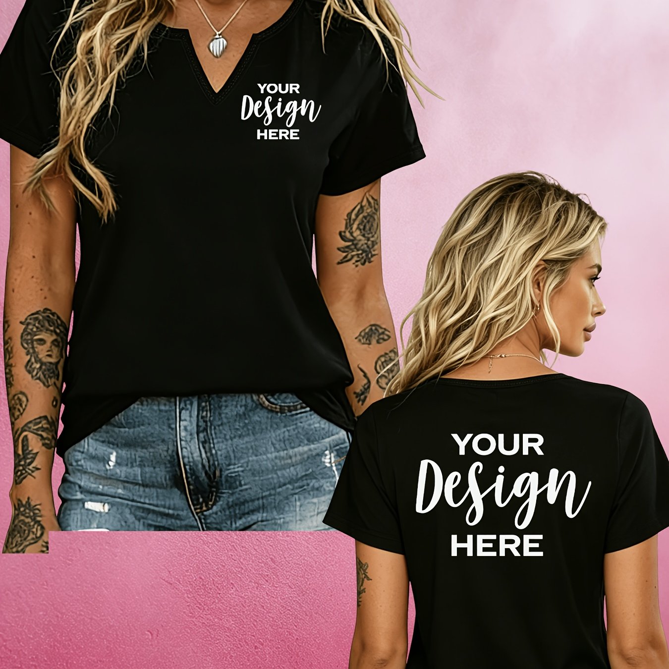 TEMU Custom Printed V-neck Short-sleeve Women's T-shirt. Suitable For Daily Casual Wear, A Versatile And Fashionable Style. Custom Printing On Front