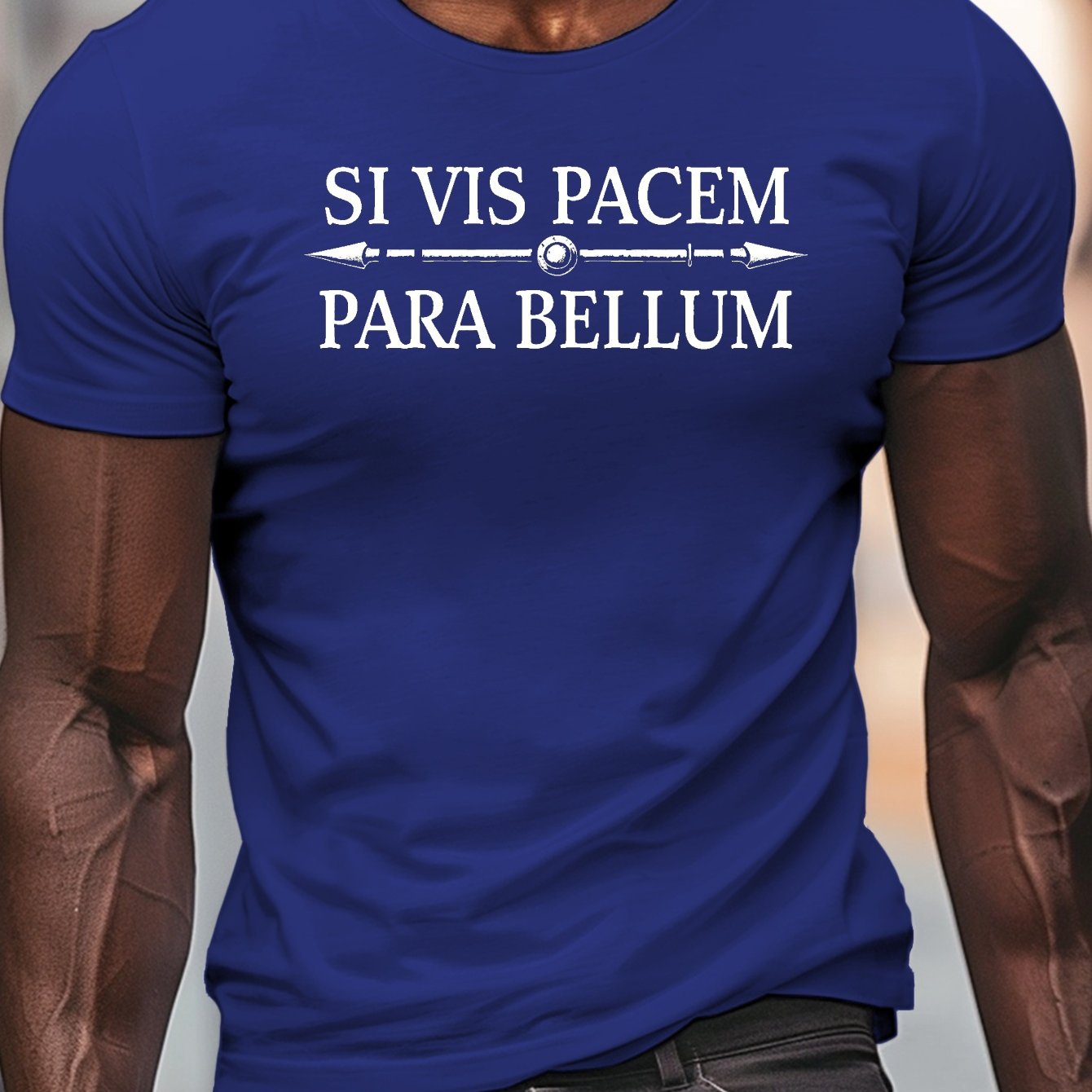 TEMU Men's Casual Crew Neck T-shirt With "si Vis Para " Print - Lightweight, Breathable Polyester, Short Sleeve Top For Summer, Perfect For Casual