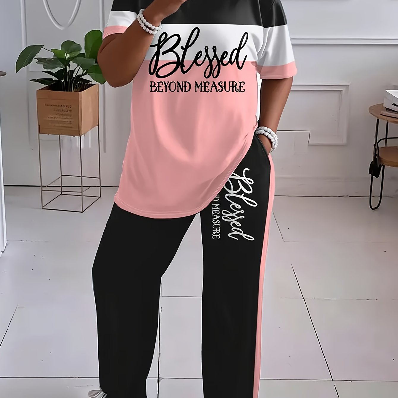 TEMU Plus Size - Plus Size - Women's Plus Size 2pcs Set - Casual Contrast "blessed" Print Short Sleeve T-shirt And Casual Pants, Stretch, Machine