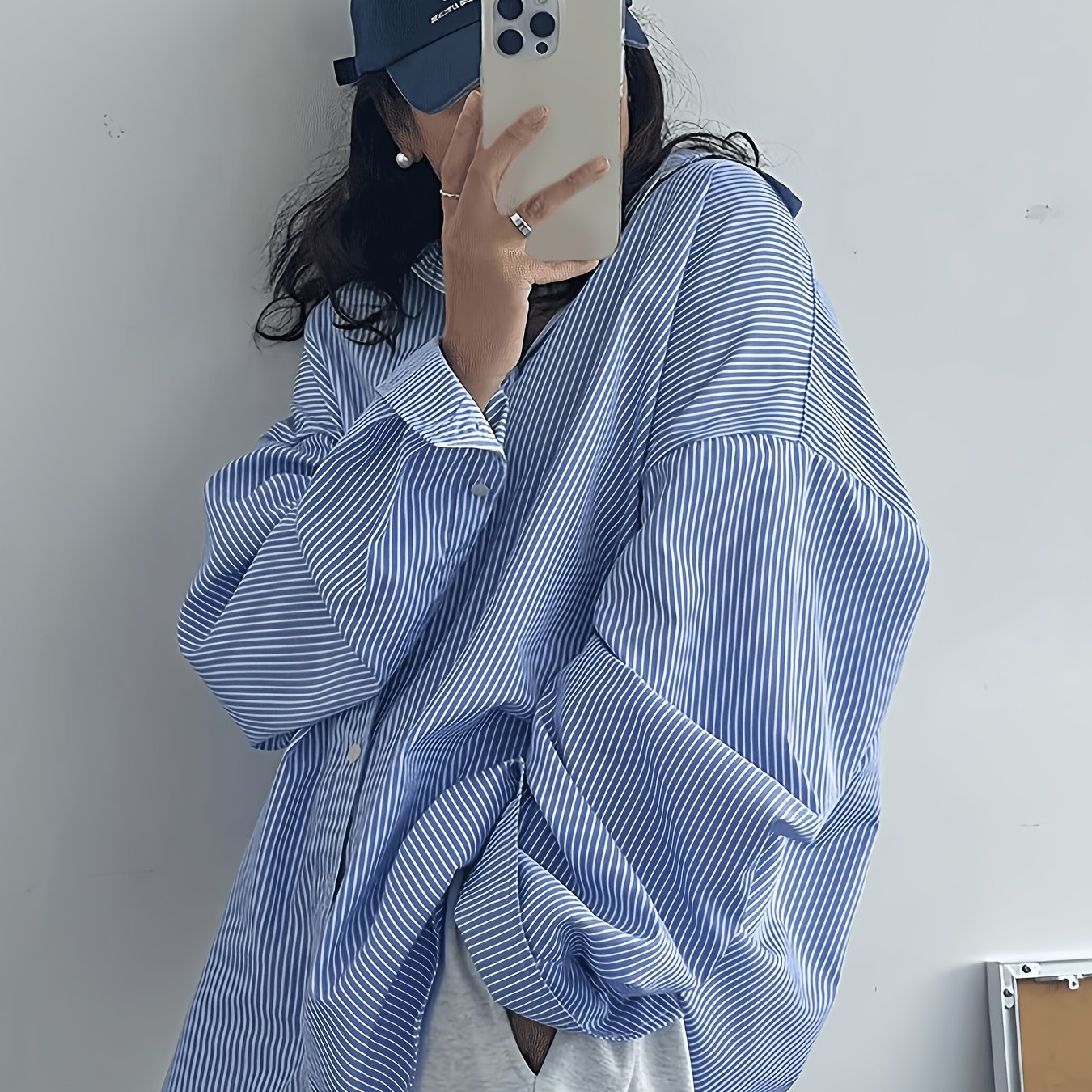 TEMU Women's Loose Striped Collar Shirt, Versatile Blue, Long-sleeved Top For Spring, Summer, And Autumn, Suitable For Casual