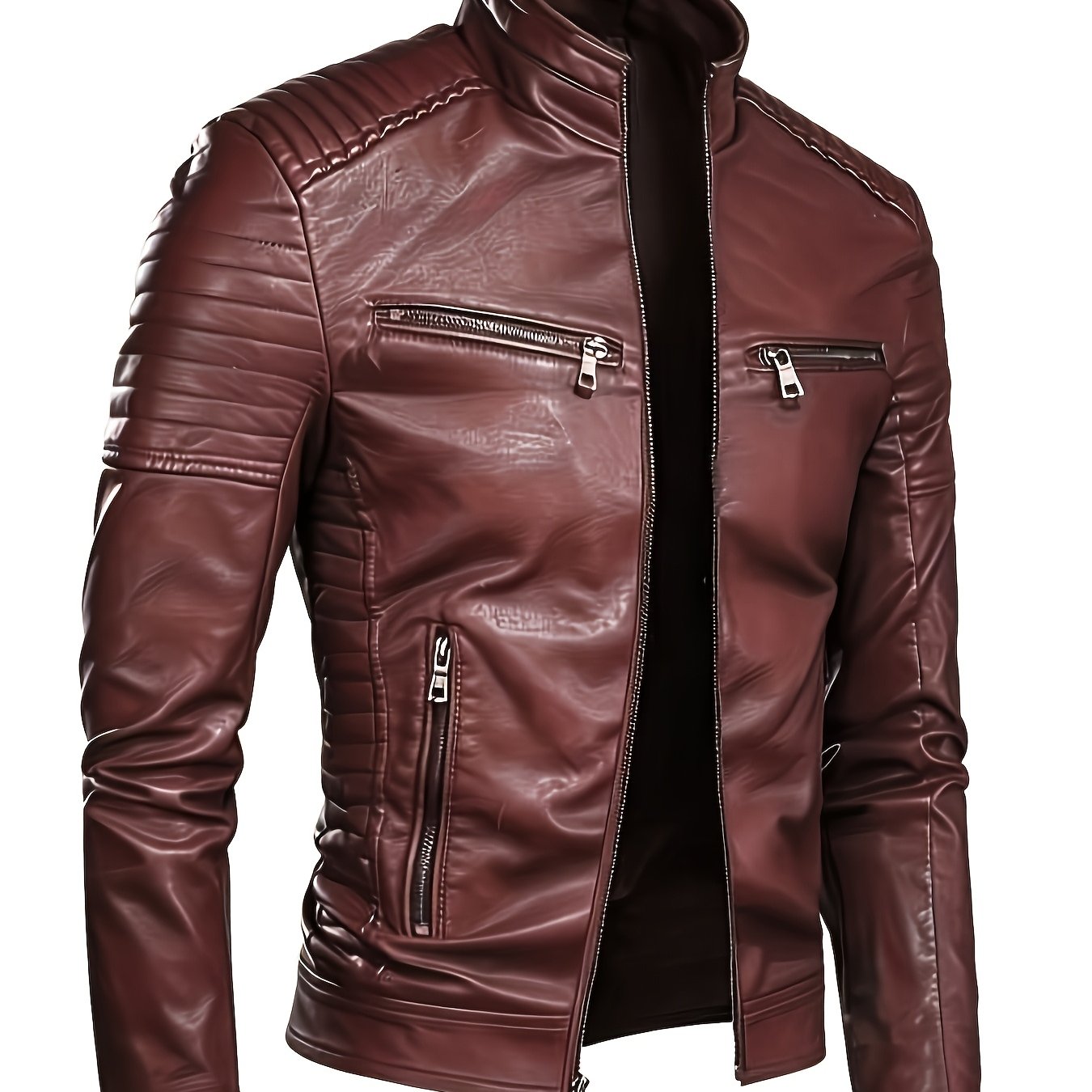 TEMU Premium Pu Leather Jacket For Men | Slim Fit Stand Collar Motorcycle Jacket With Zipper Pockets