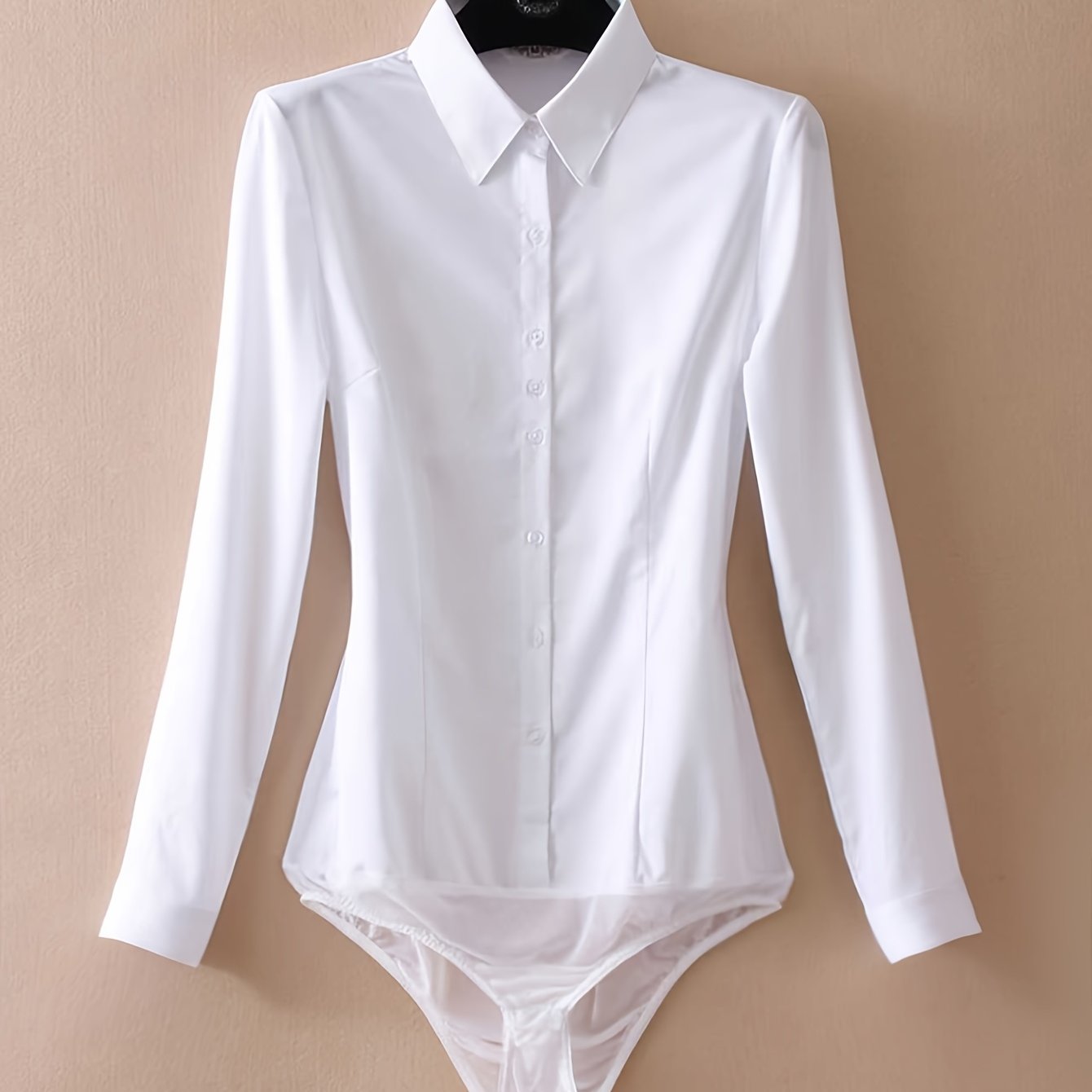 TEMU Elegant Solid Color Long-sleeve Jumpsuit Shirt For Women, Versatile Professional Workwear Button-up Top