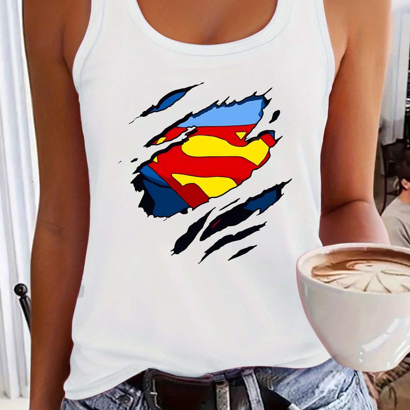 TEMU Warner . Licensed Women's Comics Superman Claw Scratches Logo Print Tank Top - Sleeveless Solid Casual Spring Summer Essential Women's Wear, ,