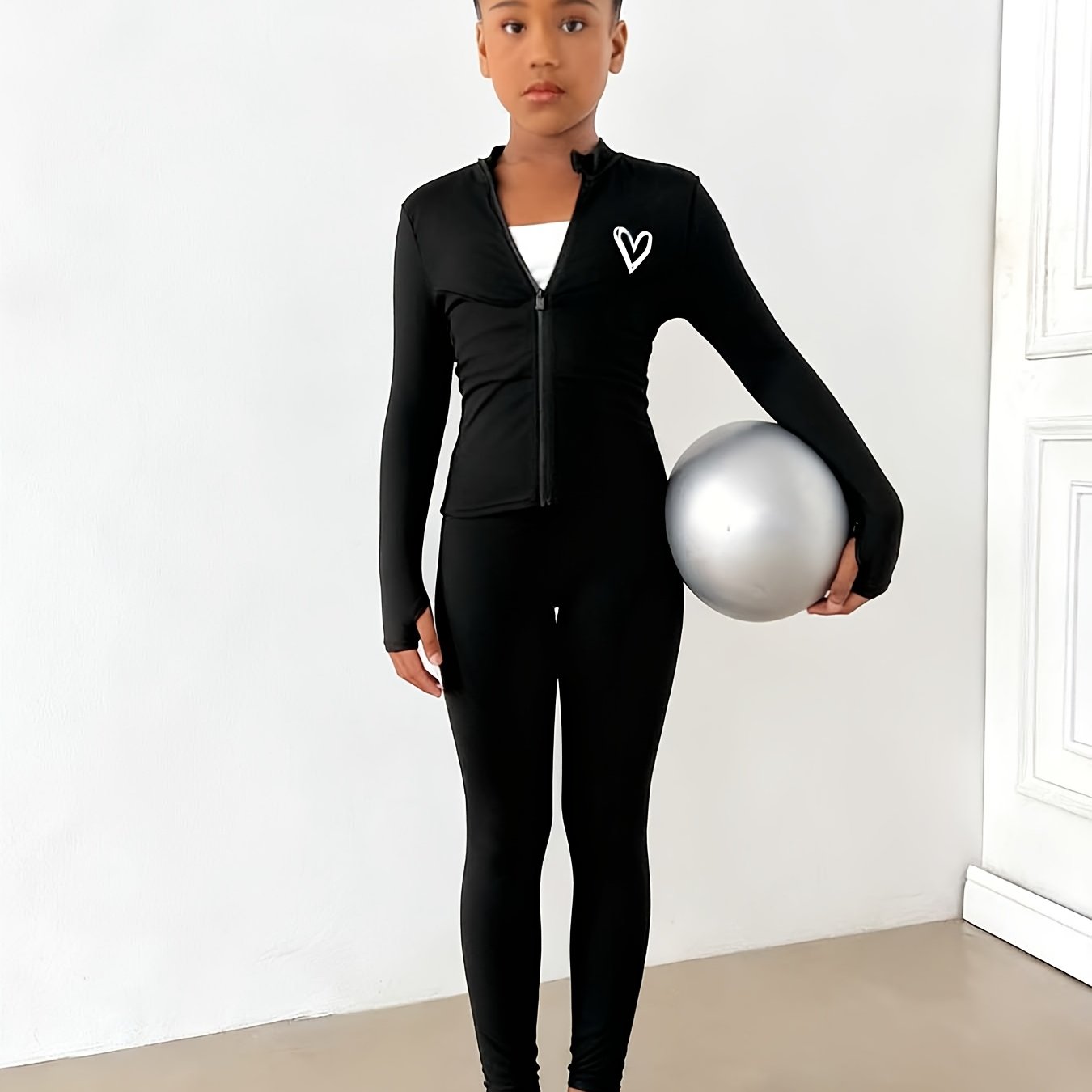 Image of Girls' Autumn/winter Casual Fashion Collar Zipper Sports Jacket With Fitted Sweatpants, Featuring Heart Print, Long Pants Set For Girls Aged 7-14, , Perfect For Outdoor