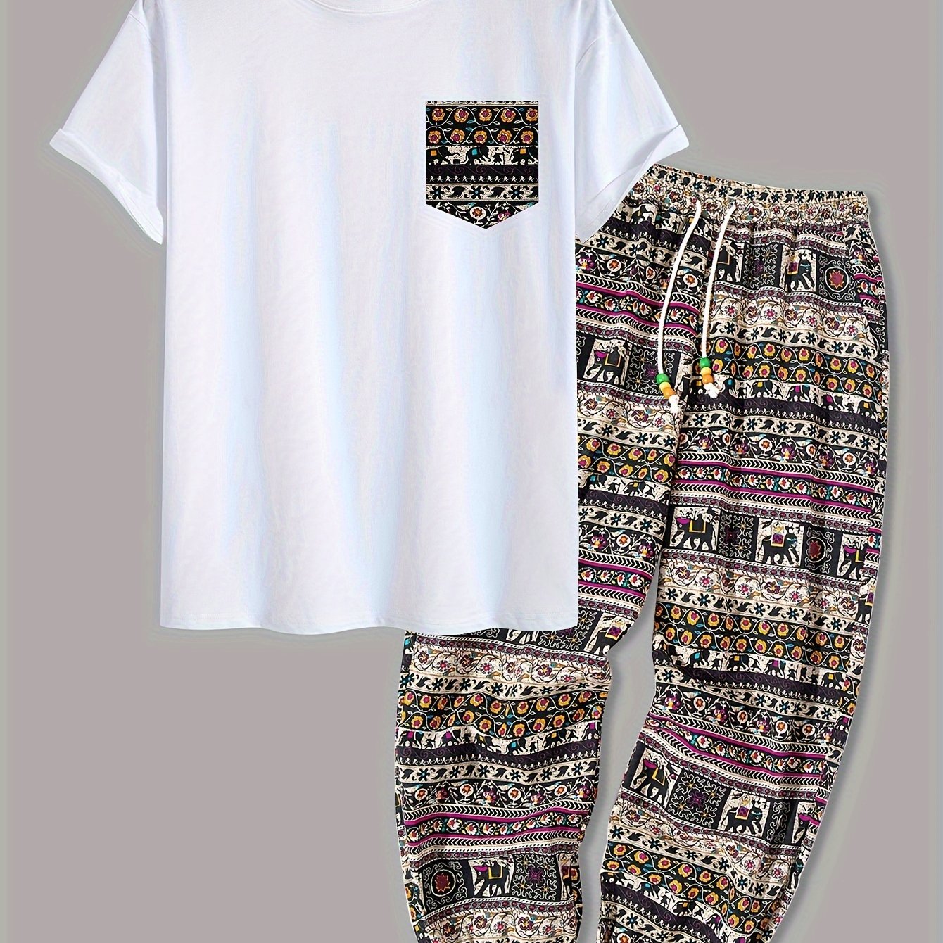 Image of Print Contrast Color Pocket Round Neck Short Sleeve T-shirt Print Elastic Cord Drawstring Casual Pants Set