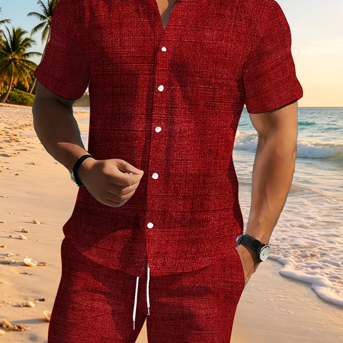 TEMU [printed Design Not Textured] Men's Red Casual Lounge Set Lightweight Durable Short Sleeve Shirt And Pants Perfect For Home Or Dining Relaxation