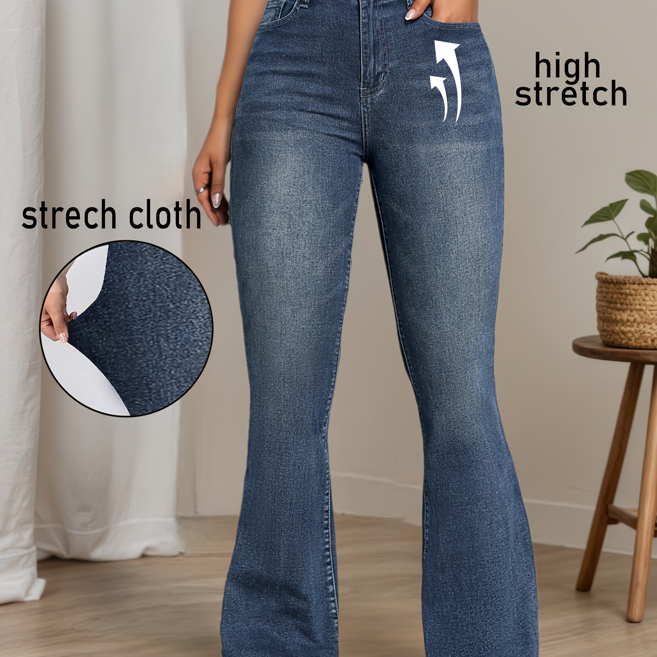 Retro High Stretch Flare Jeans | Elegant High Waist, Long Length, Solid Color With Button Detail