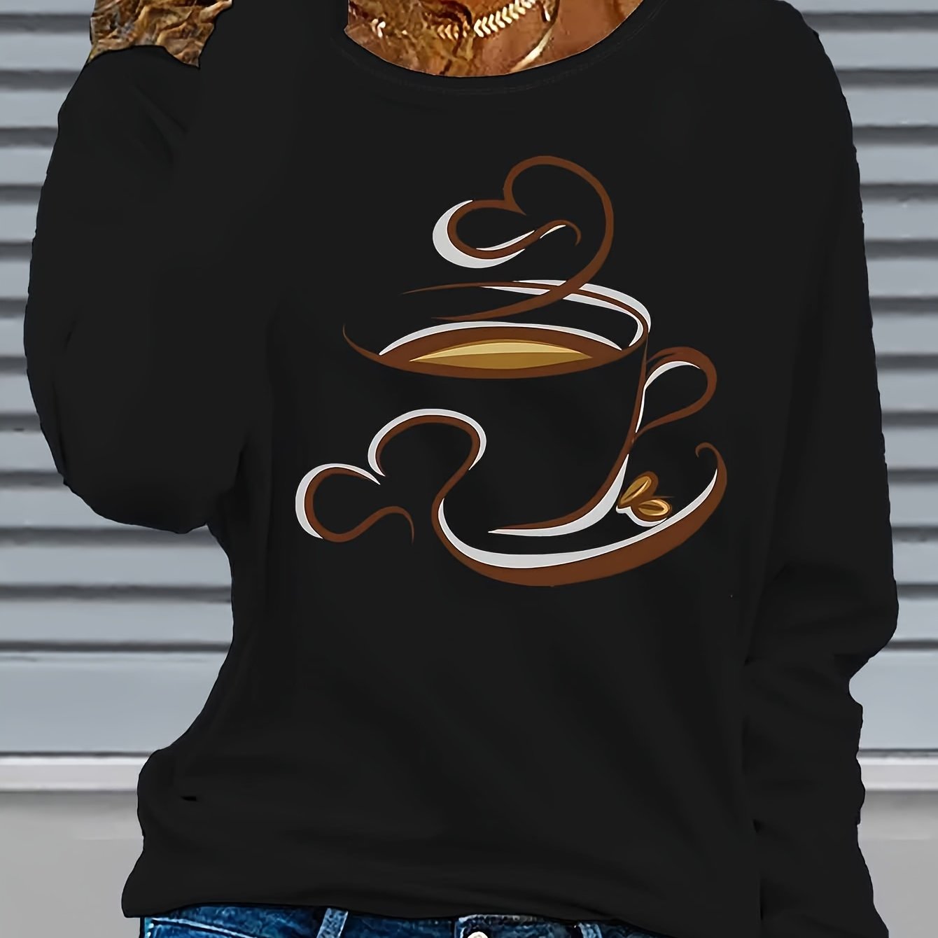 TEMU Plus Size, 1pc Women's Casual Coffee Heart Print Long Sleeve T-shirt, Round Neck Polyester Top, , Suitable For Formal Shirt