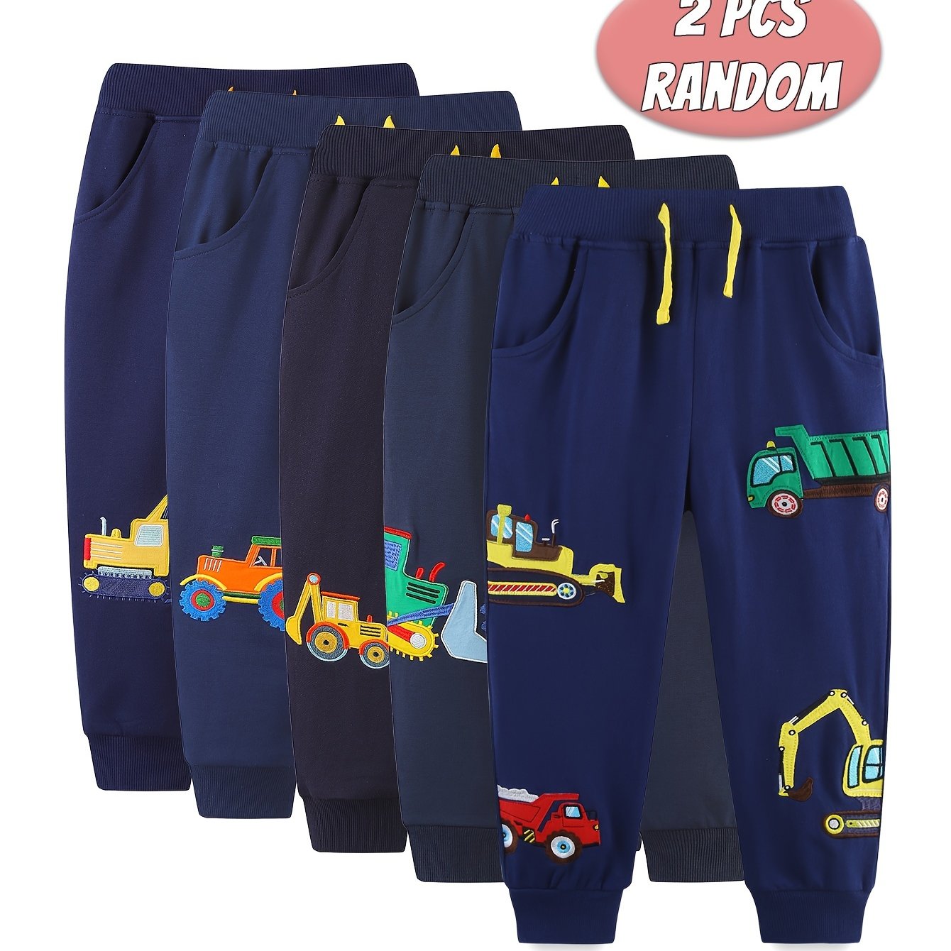 Image of Random 2pcs Set Of Spring And Autumn Boys' Trousers, Cartoon Car Embroidery, Sports Pants, Knitted Pants, For Outdoor