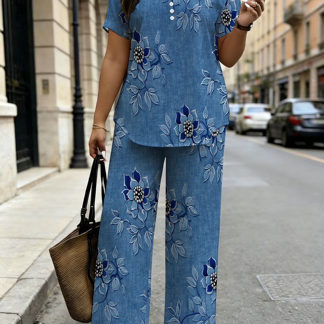 TEMU Plus Size - Plus Size - Stylish Two-piece Outfit For Plus-size Women Featuring A Floral Denim Print. Vintage- With A Chic Casual Look. Made From
