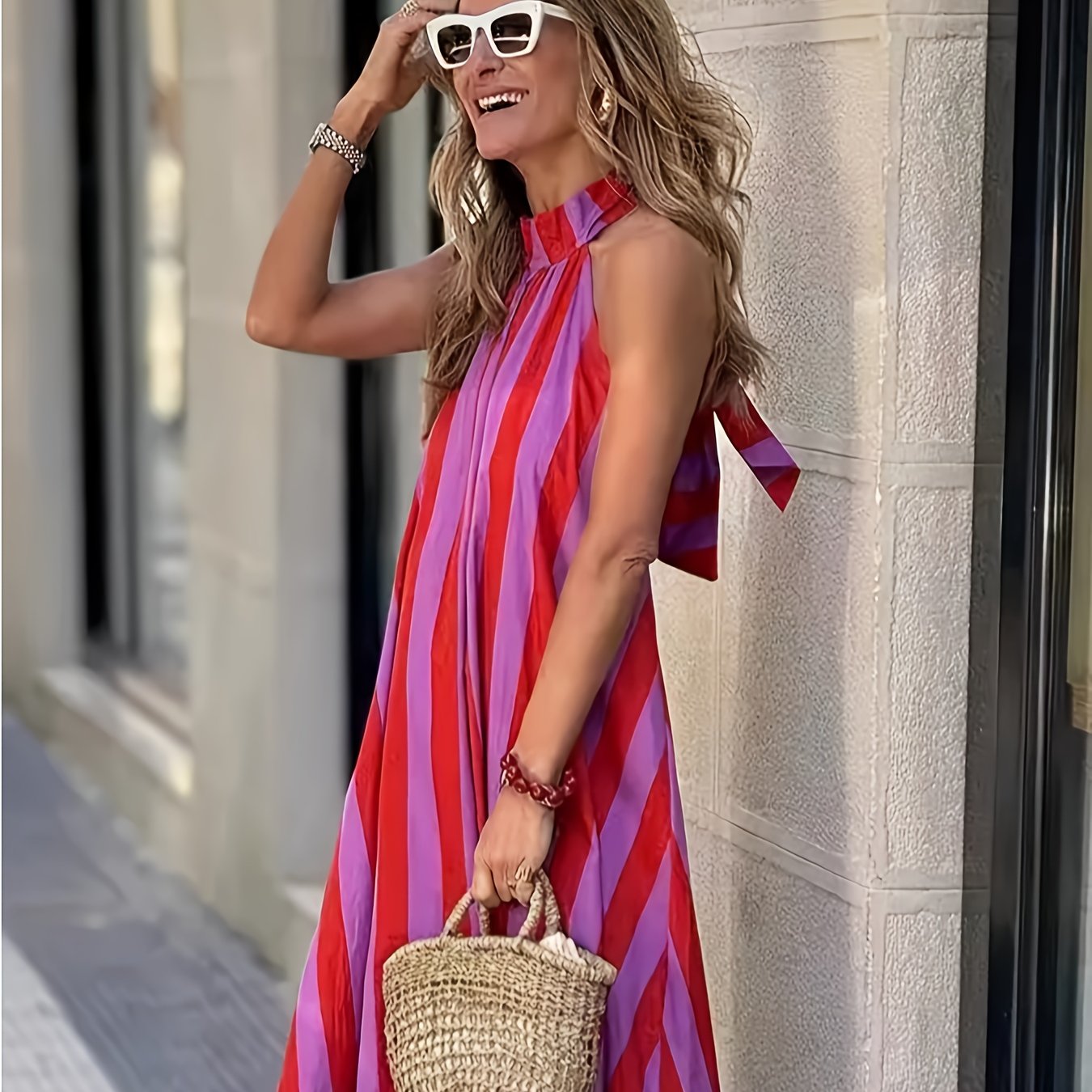 E-shop Elenzga Damen Elegantes Urlaubsstreifenmuster Langarm Halterneck Kleid