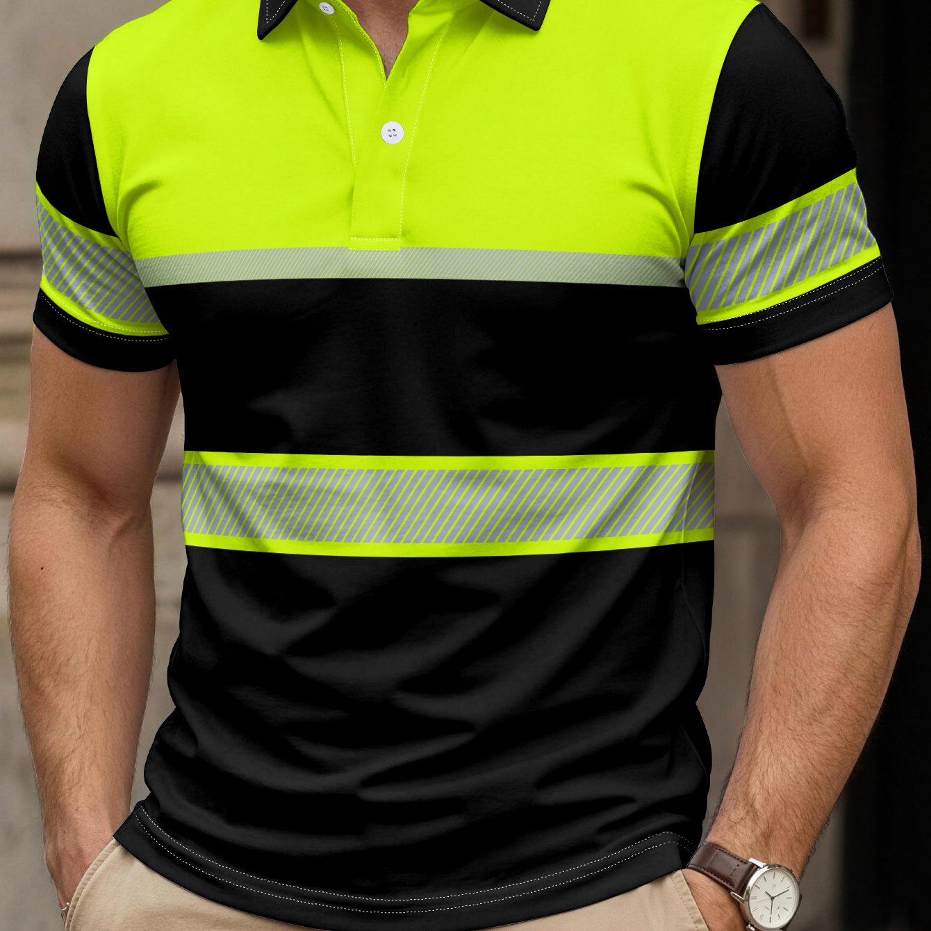 TEMU Men's Casual Striped Short-sleeve Shirt - Breathable, Quick- Top With Neon -block Stripe And Collar