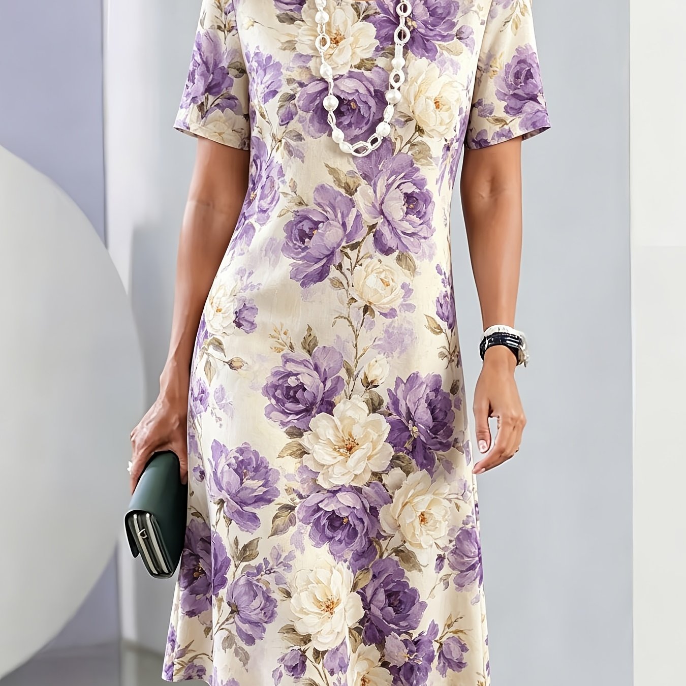 Women's Short Sleeved Round Neck A-line Dress, Purple And White Rose Print, Casual Summer Loose Straight , Suitable For Daily Wear, Vacation And Casual Sports Wear