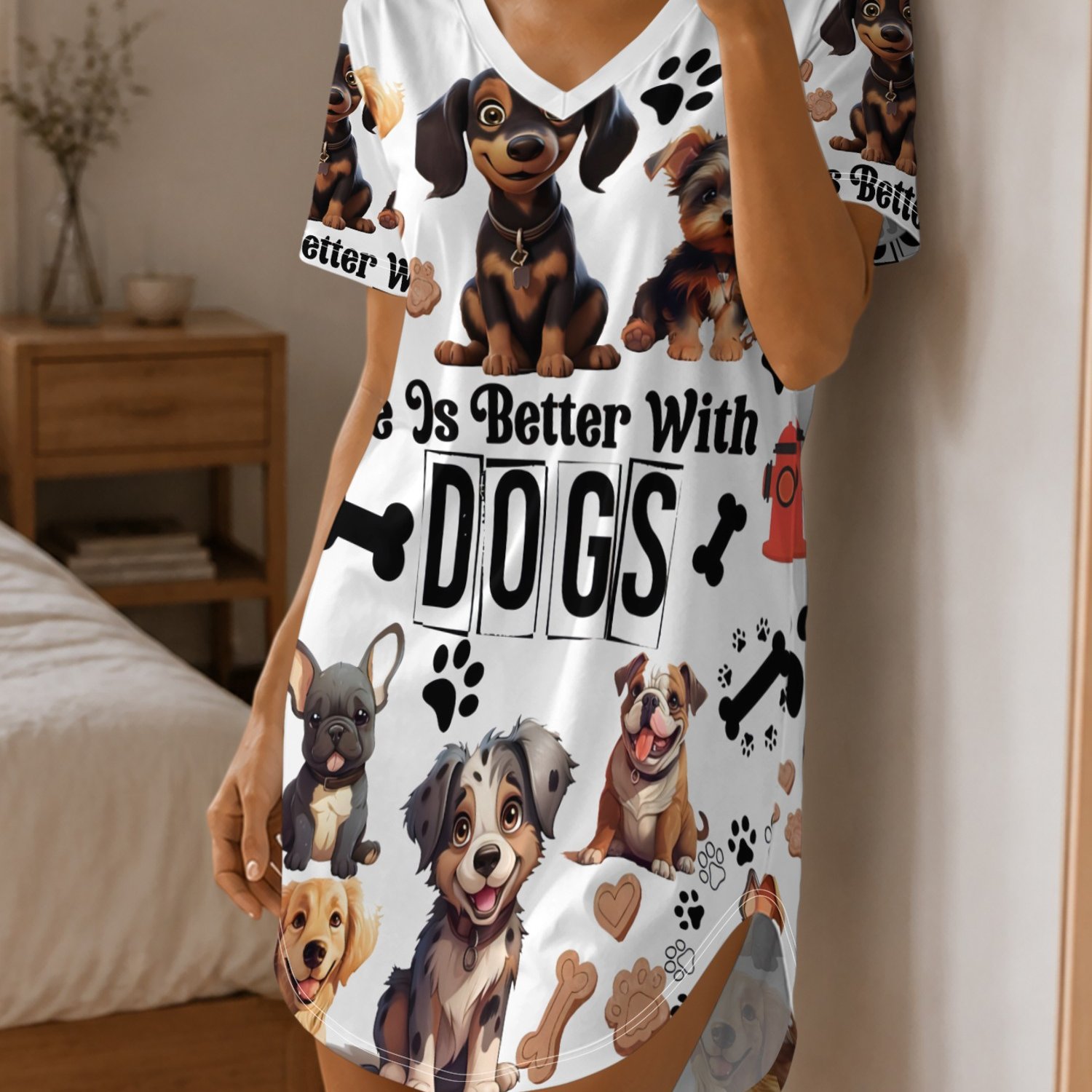 TEMU Women's V-neck Lounge Dress With Cute Dog Print, Side-opening Design For , Casual Loungewear For Home
