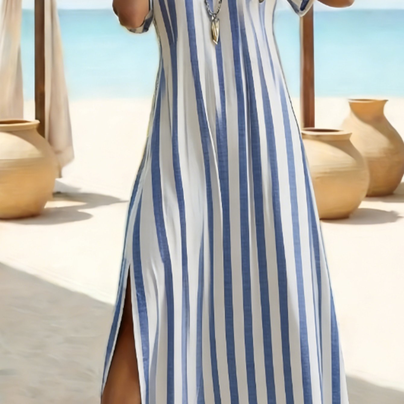 Women's Elegant And Casual Short Sleeves Maxi Dress With Side Slit Classic Plaid Print Hawaiian Machine Washable Summer Wear Perfect For Outdoor Vacations And Beach For Family And Friend Beach Dress