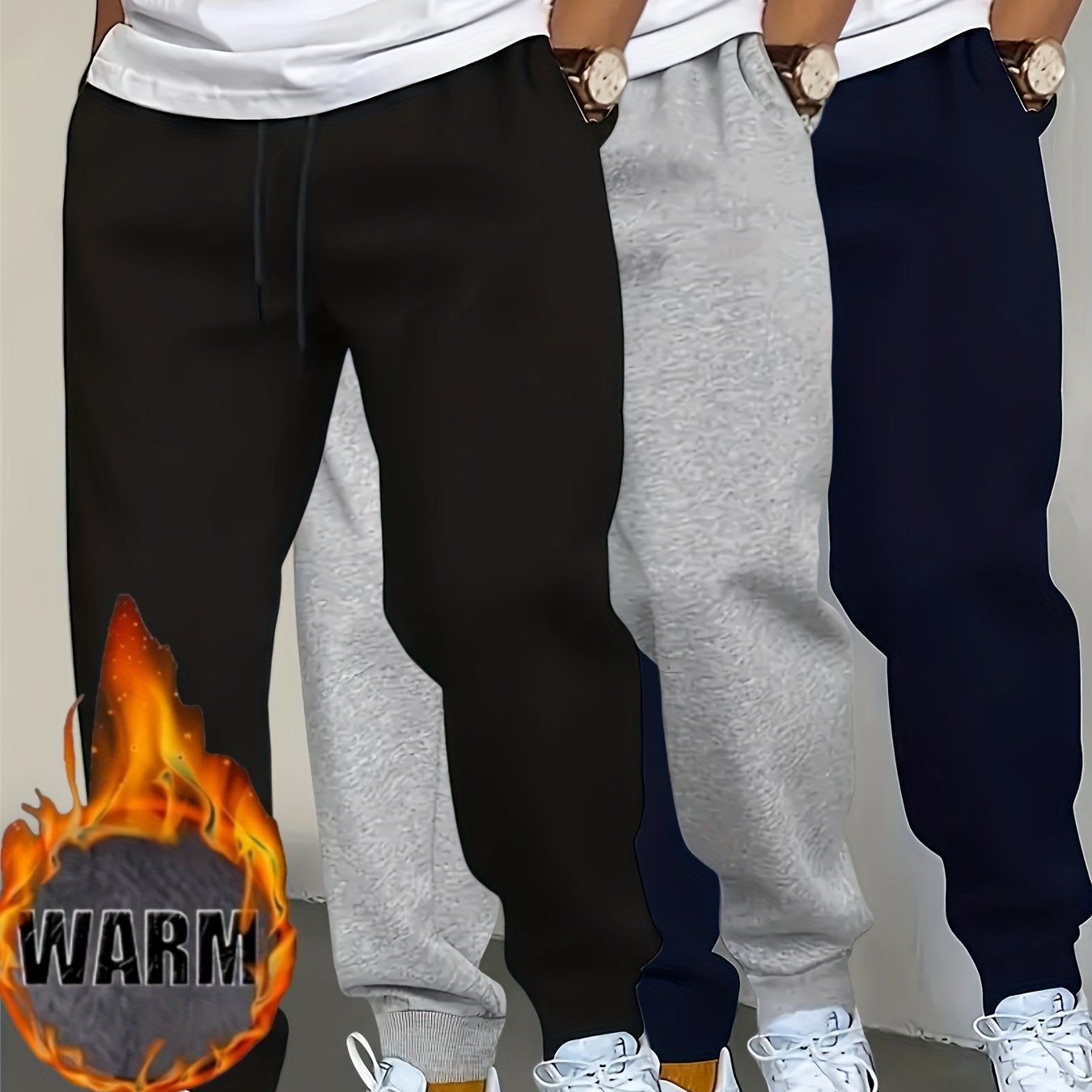 3-pc Fleece-lined Pants Winter Men's Long Trousers Autumn And Winter Warm Thickened Outdoor Casual Drawstring Pants Fleece Lined Underwear Casual Sports