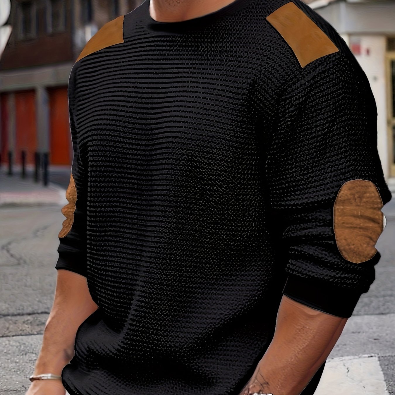 TEMU Men's Casual Waffle Knit Sweatshirt With Contrast Color Blocking & Patches - Machine Washable Round Neck Sleeve Pullover For Outdoor Leisure,