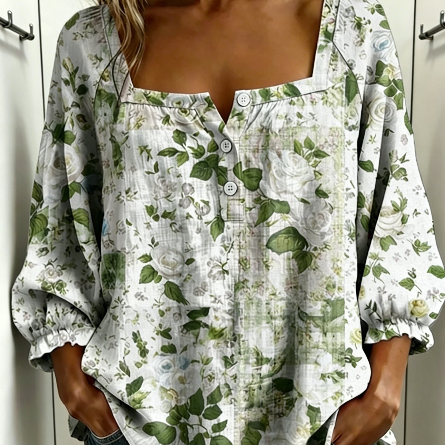 Plus Size, 2d Flat Printing Plus Size Women' Rose Floral Blouse Square Neck Puff Sleeve Casual Tops Loose Shirt For Spring Summer, 2d Flat