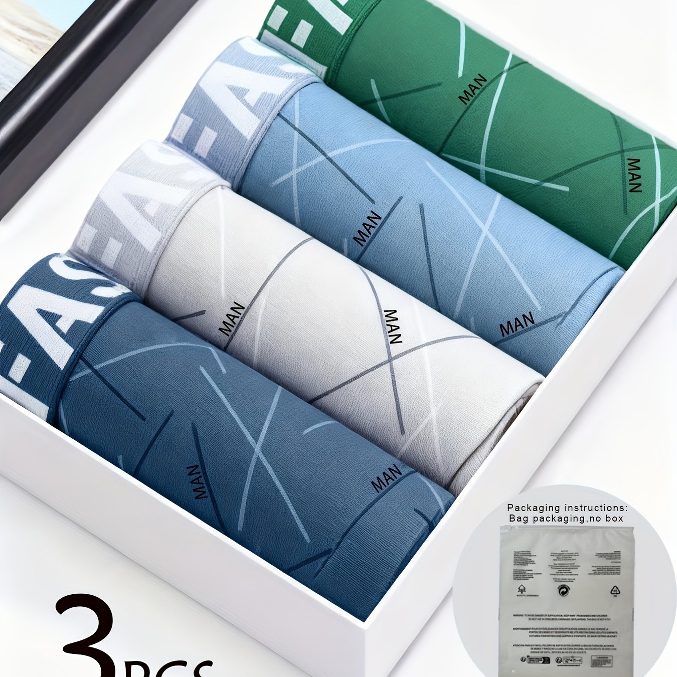TEMU [BROVANIC] Calzoncillos para hombre aleatorios de 3 piezas, cinturilla con y geométrico con estampado de . Casual y . Moda fácil, artículo de