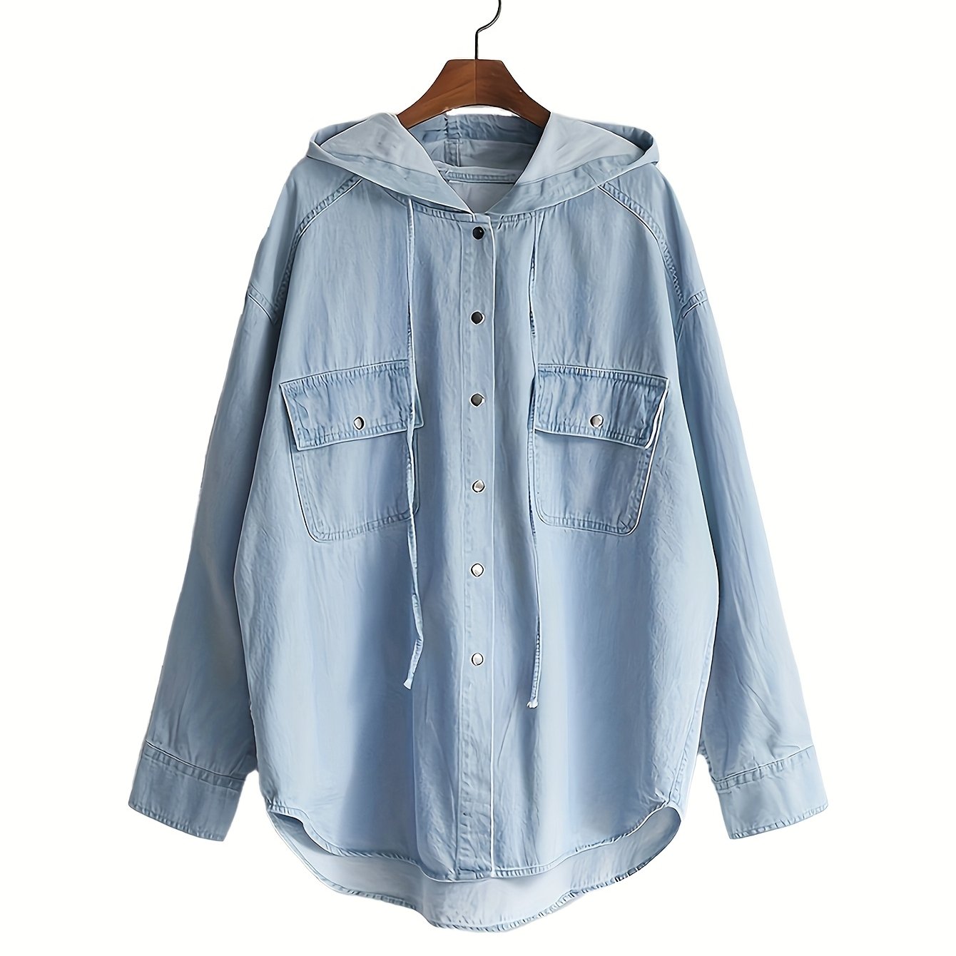 Women's Long-sleeve Denim Shirt For Summer, Featuring A Hood, , Pockets, And Buttons
