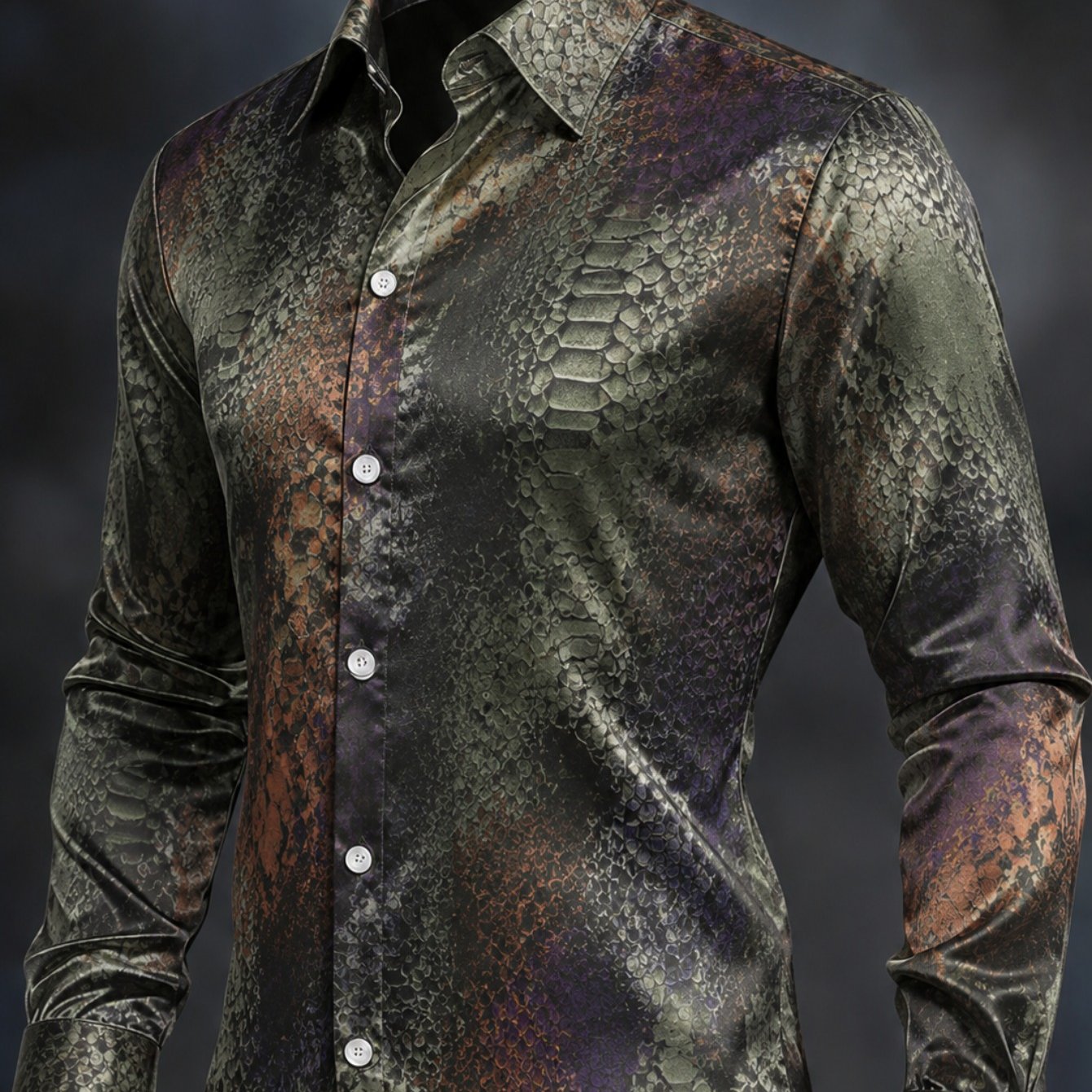 Image of Men's Long Sleeve Formal Shirt With Shiny Abstract Print, Dark Green Brown Tone, Lightweight Durable For Office, Restaurant, Or Smart Casual Wear