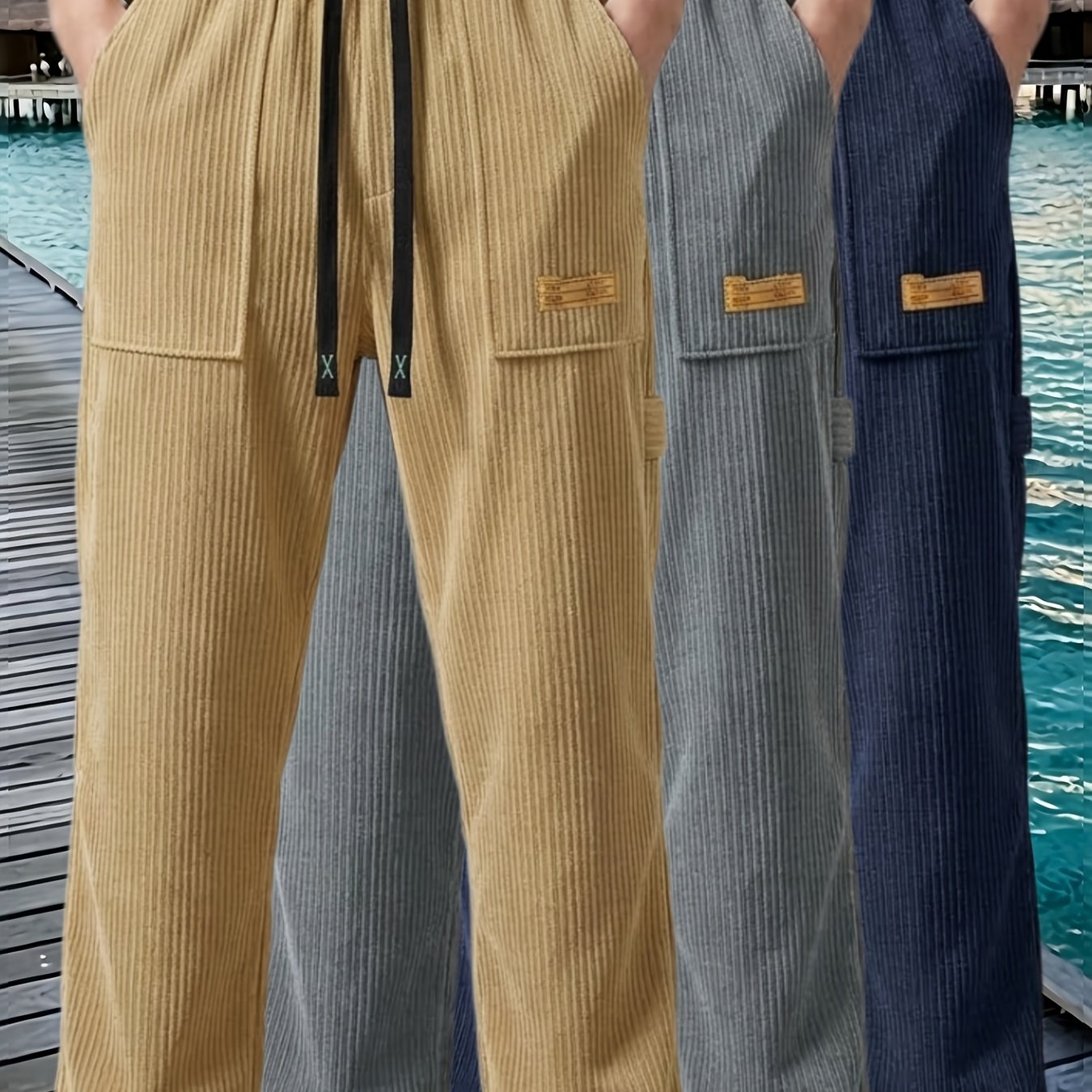 TEMU 3pcs Men's Corduroy Straight-leg Pants With Elastic Waist & Multi-pocket Trousers - Corduroy- Suitable For - Wear, Machine Washable Solid Color