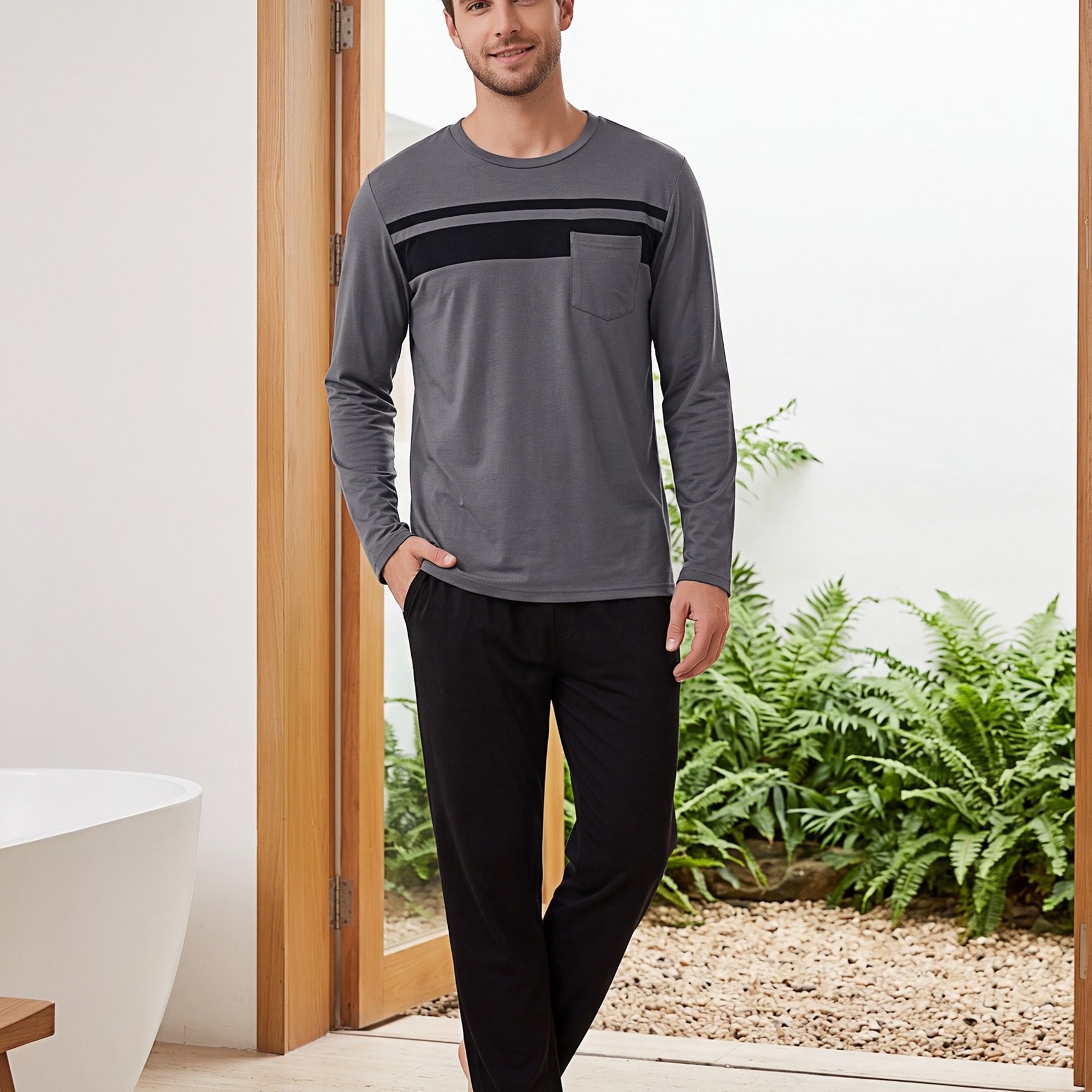 Image of Men's Cotton Spandex Pajama Set, Long Sleeve Striped Crew Neck Top With Chest Pocket & Straight Leg Pants With Pockets, Soft Stretchy 2pcs Sleepwear Loungewear