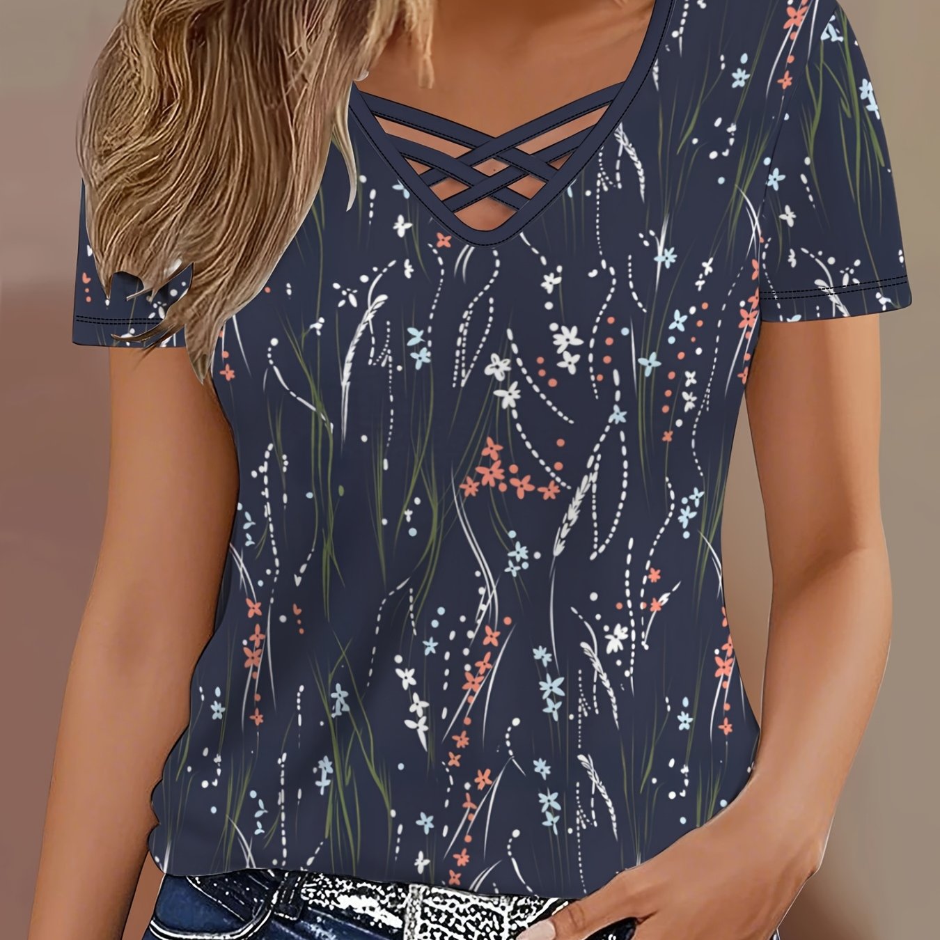 TEMU [targeted] [elegant Cross Design T-shirt] Summer New Cross V-neck Short-sleeved Women's T-shirt Slim-fit Slim And Sexy Hollow Out Bottoming Top