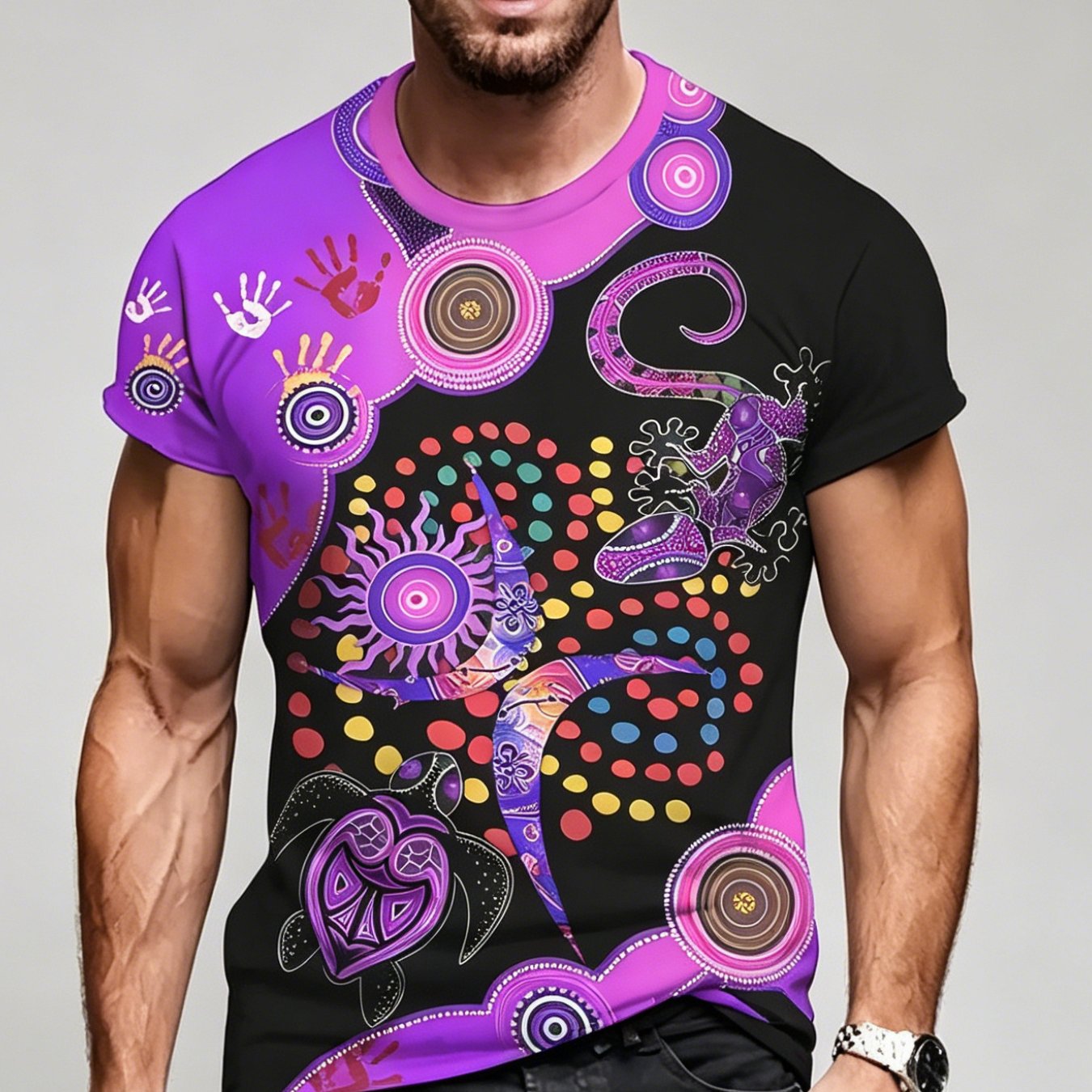 TEMU Printed Design - Not Textured Exotic Totem Short Sleeve, Featuring A Mysterious Purple- With Ethnic-style Prints, Exuding A Wild And Primitive