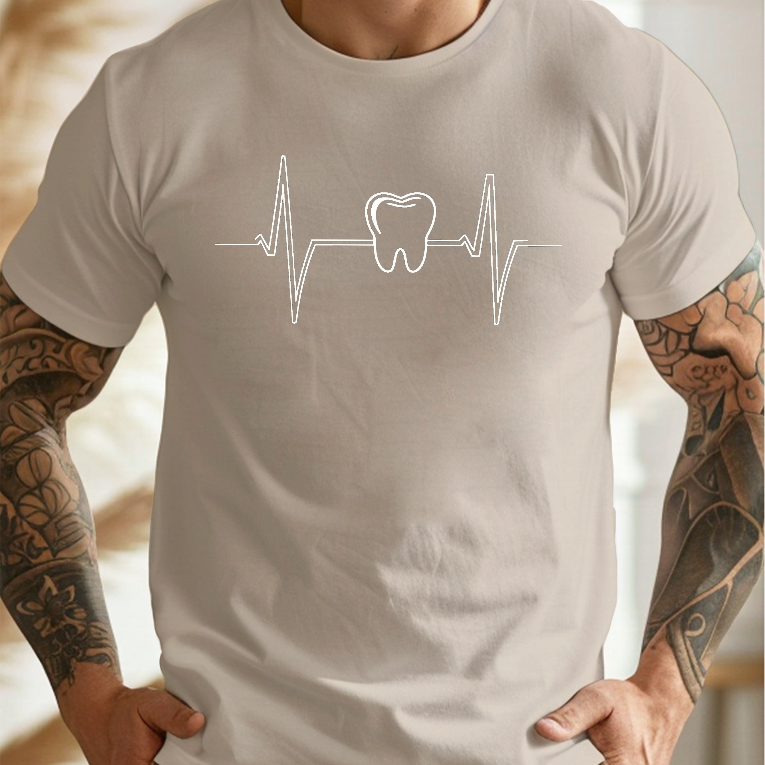 TEMU Men's Heartbeat Dental Tooth Icon T-shirt - 100% Polyester Crew Neck Tee With Stretch | Knit Fabric Geometric Pattern Casual Top For Summer