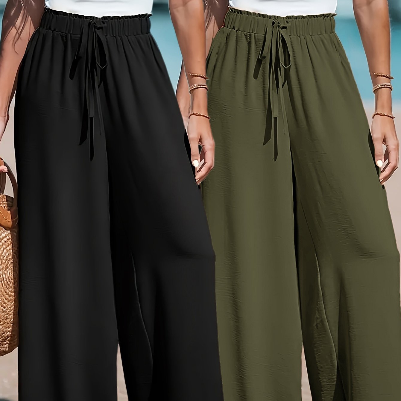 TEMU Two-pack Women's Fashion Casual Comfortable Breathable Draping Wrinkle-free Stretch High-waist Loose Wide-leg Pants