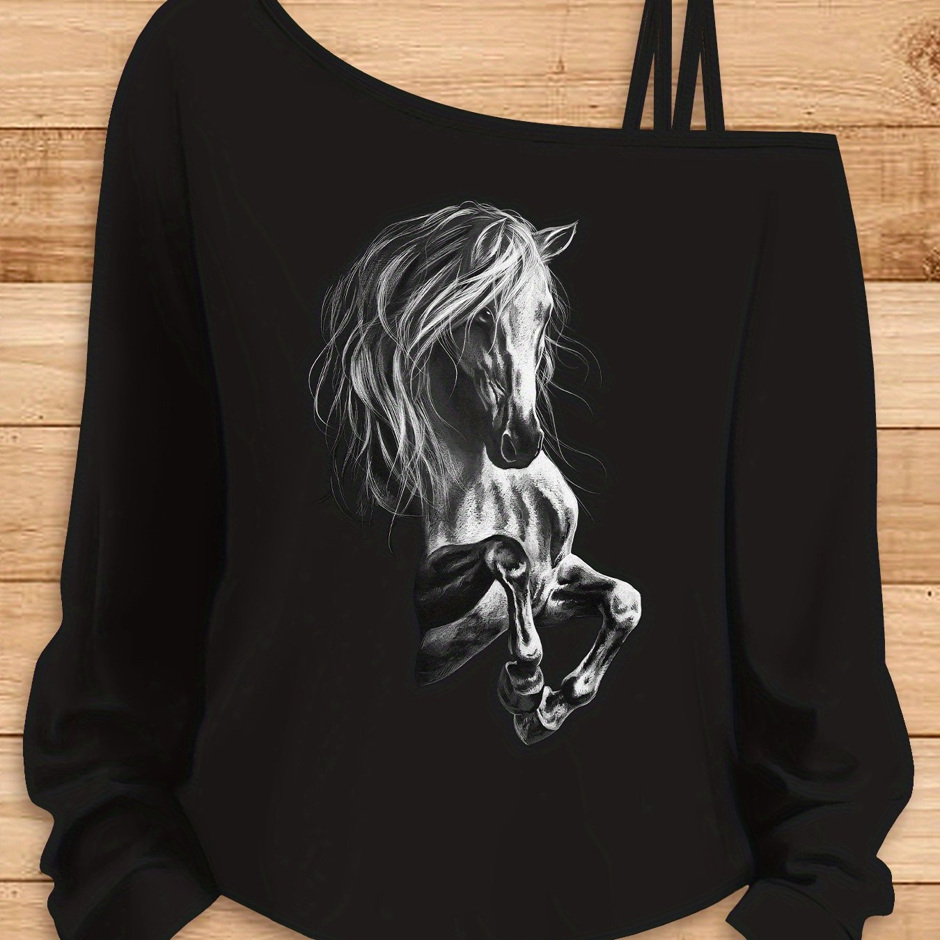 TEMU A Loose And Elegant Long-sleeve Top Featuring A Black And White Christmas Horse Pattern, Perfect For Casual Parties. Stylish, Stretchy, Soft,