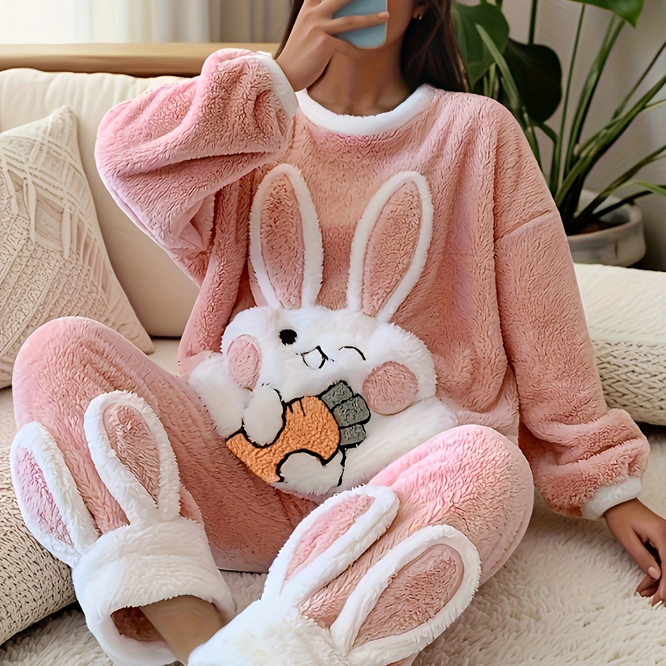 Image of Plus Size Plush Pajama Set, Winter Coral Fleece Cartoon Carrot Rabbit Women's Sleepwear