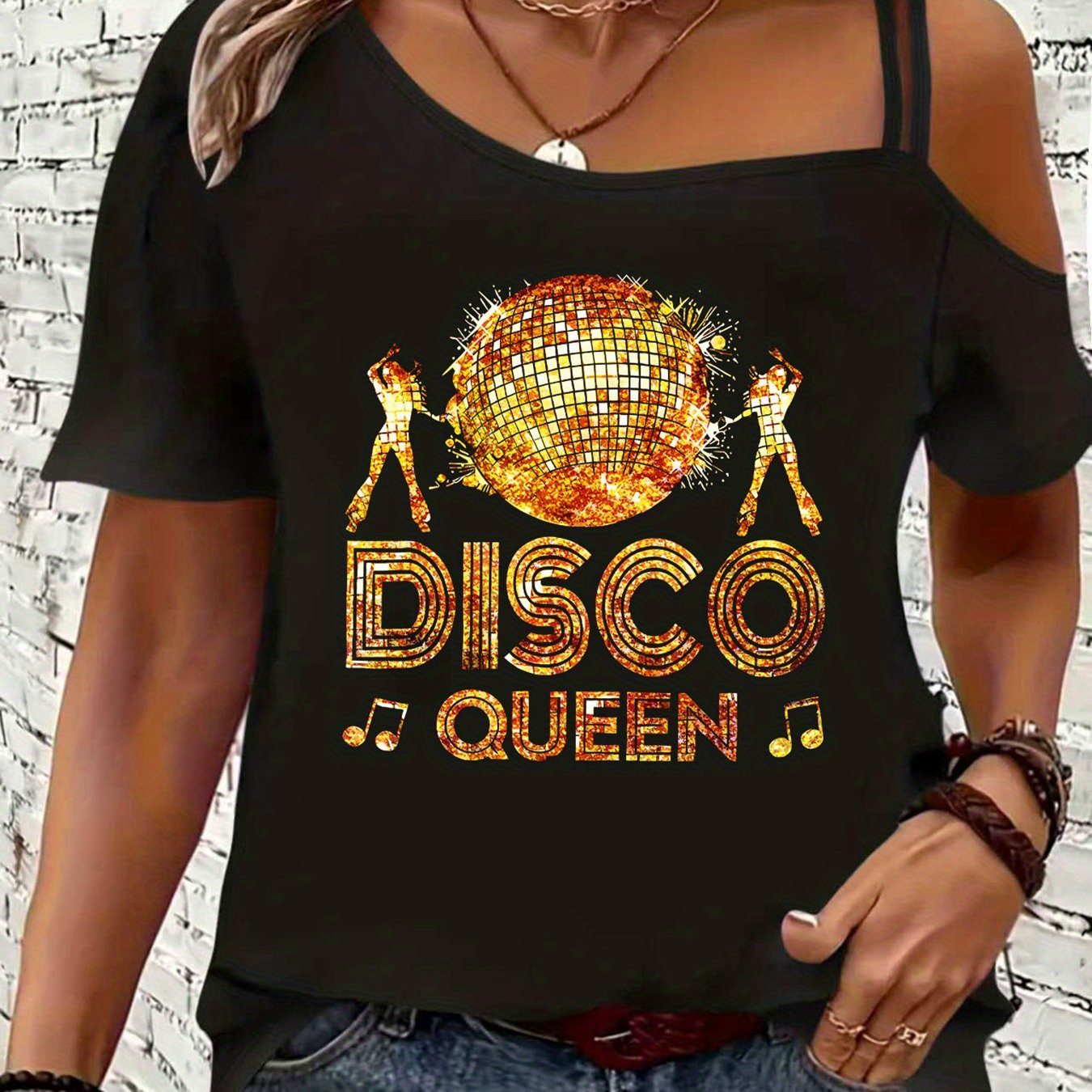 TEMU Beautiful Women's Plus Size Autumn/winter Clothing With Golden Disco Ball And Dancer Pattern, "discoqueen" Text, Stylish, Elegant, Party-ready,