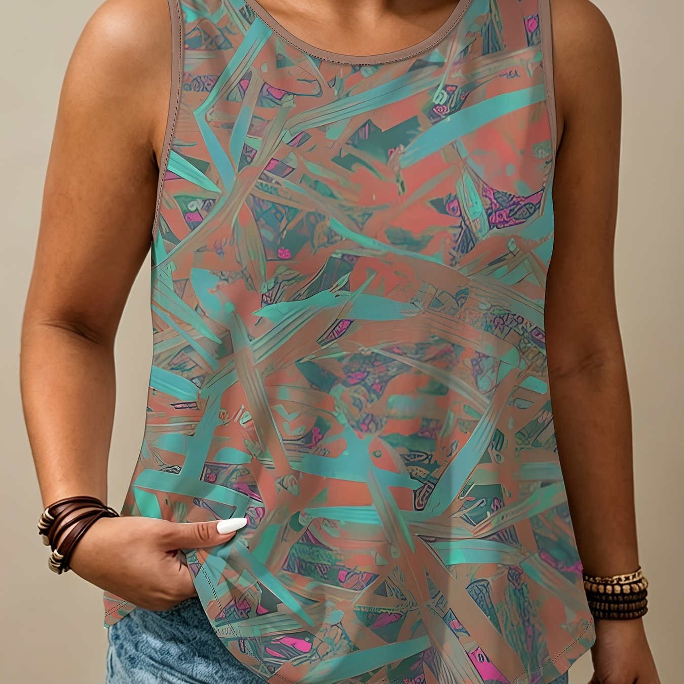 TEMU Abstract Print Sleeveless Vest, Plus Size Women's Loose Body-covering Top, Summer Cool Casual Athletic Vest, Fashionable All-match