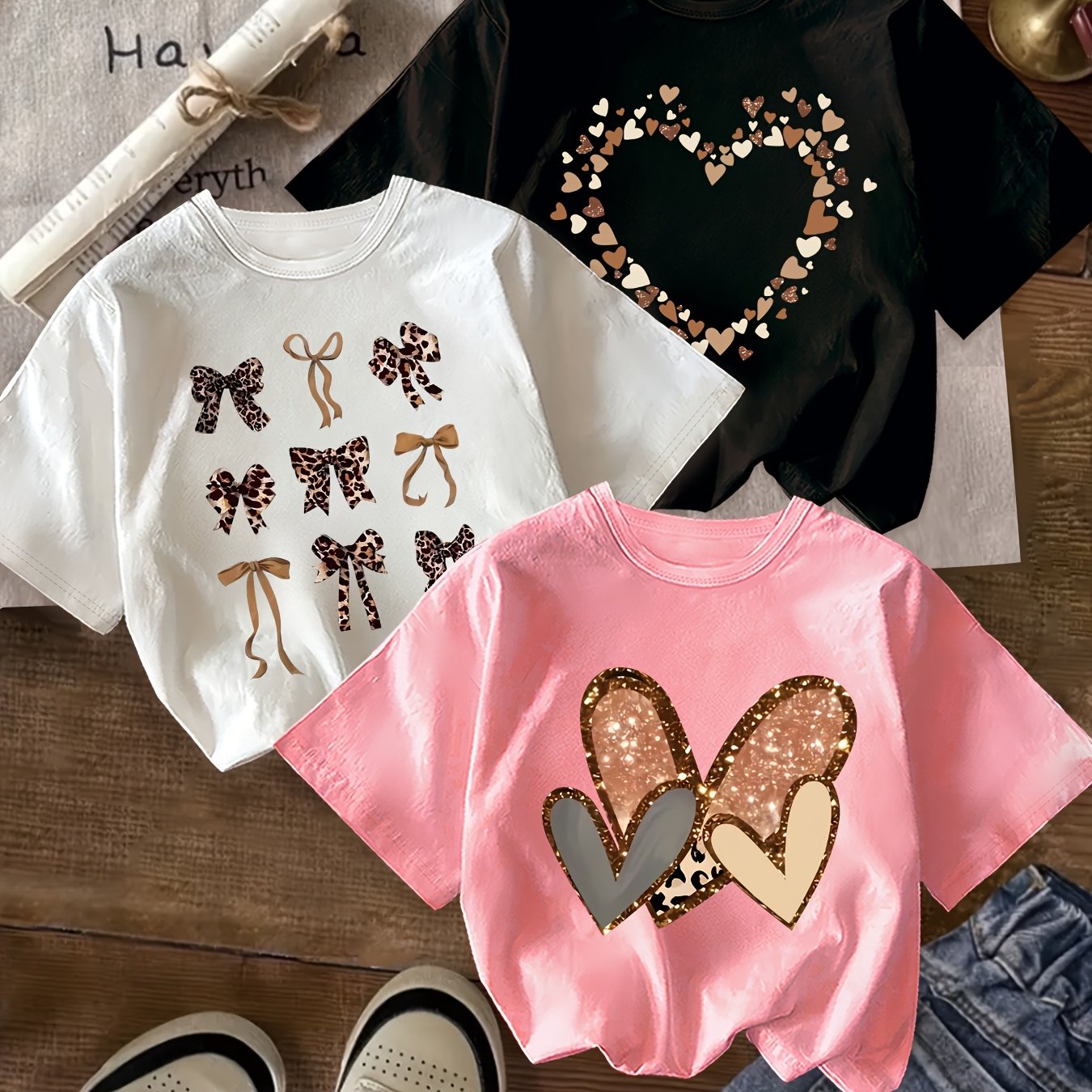 Image of 3pcs Casual And Comfortable Round Neck Short-sleeved T-shirt Set For Girls, Spring And Summer, Leopard Print Bow, Mocha Brown Sequined Heart Print T-shirt