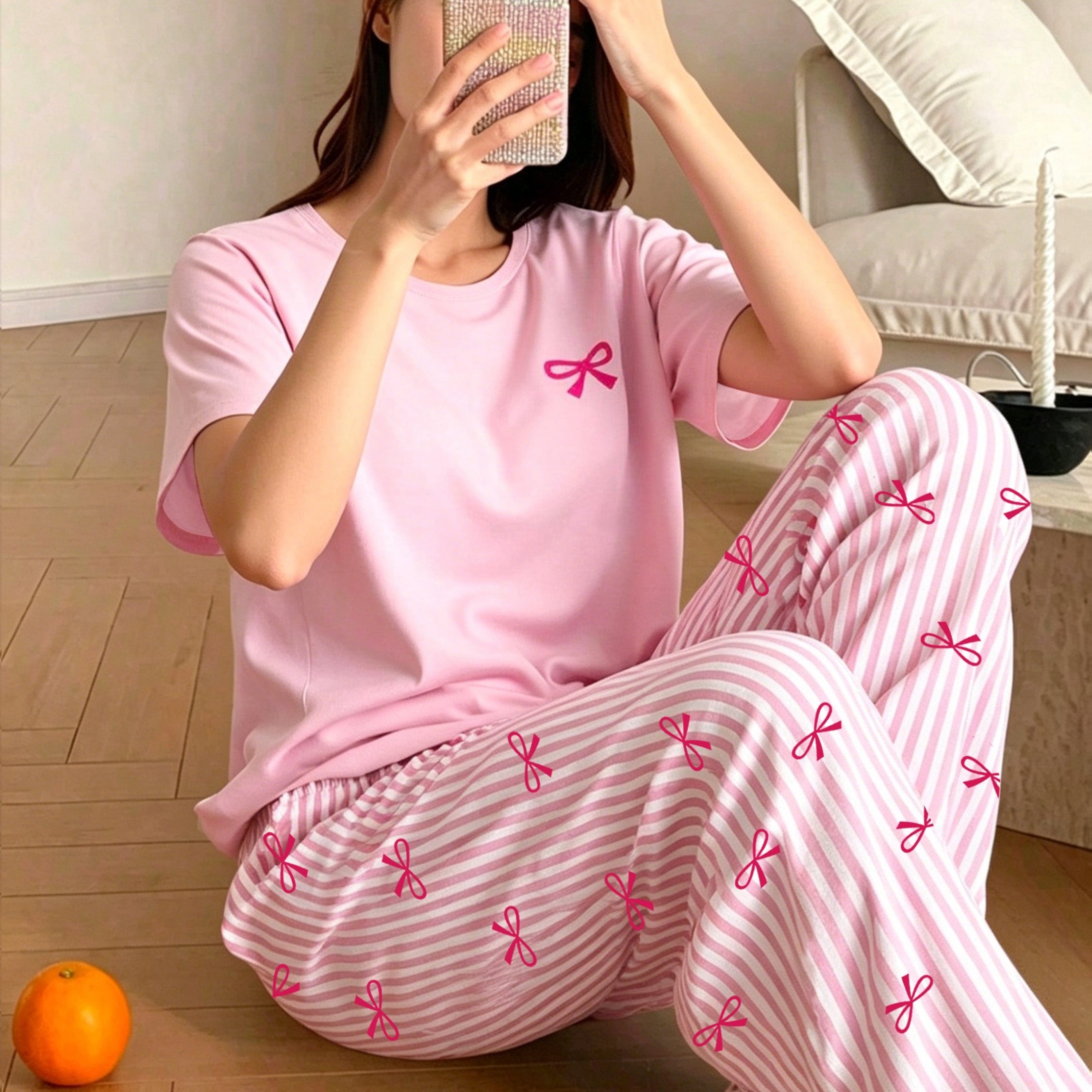 TEMU Spring/summer Women's Round Neck Top With Bow Tie And Striped Bow Tie Long Pants Loungewear Pajama Set