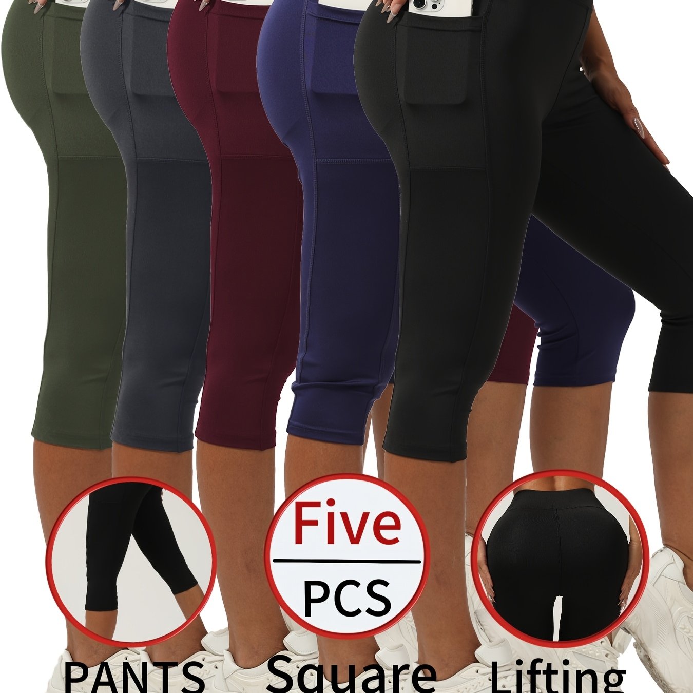 E-shop 5 Stk. Damen Capri-Yoga-Leggings mit hoher Taille, Seitentaschen, Bauchkontroll- Po-Hebefunktion. Hergestellt aus 90 % 10 % Spandex, der Stoff