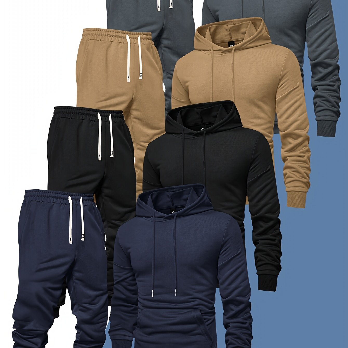 8pcs Men's Hooded Sweatshirt + Sweatpants Autumn And Spring Casual Sports Suit Solid Color Plain Pullover Regular Long Sleeve Hoodie And Drawstring Elastic Waist Ribbed Ankle Pants