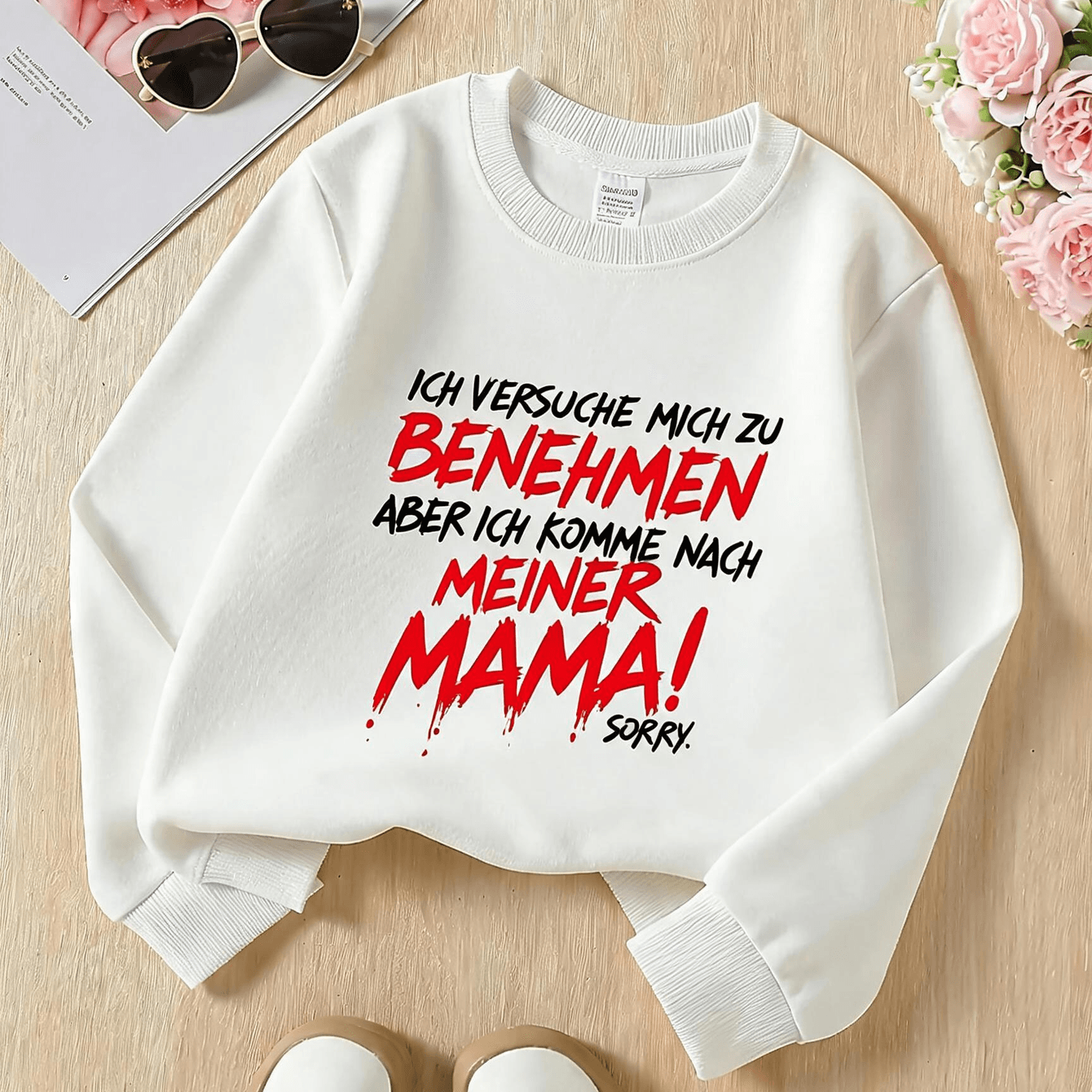 Image of Round Neck Sweatshirt Funny German Text Mom Theme Trendy Print Hoodie Neck Sweatshirt Pure Fleece Thickened Round Neck Sweatshirt Autumn Winter Daily Wear School Outdoor Gift For Daughter Niece